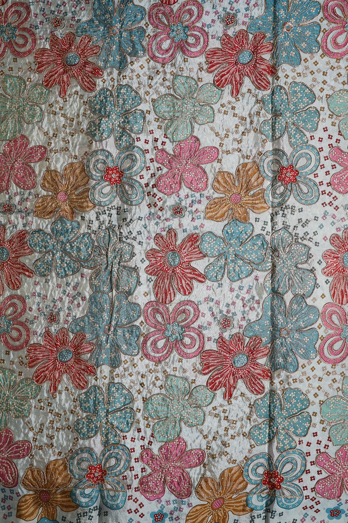 Floral Position Print On Sequins With Zari Embroidery On Pastel Blue Viscose Zari Tissue Fabric