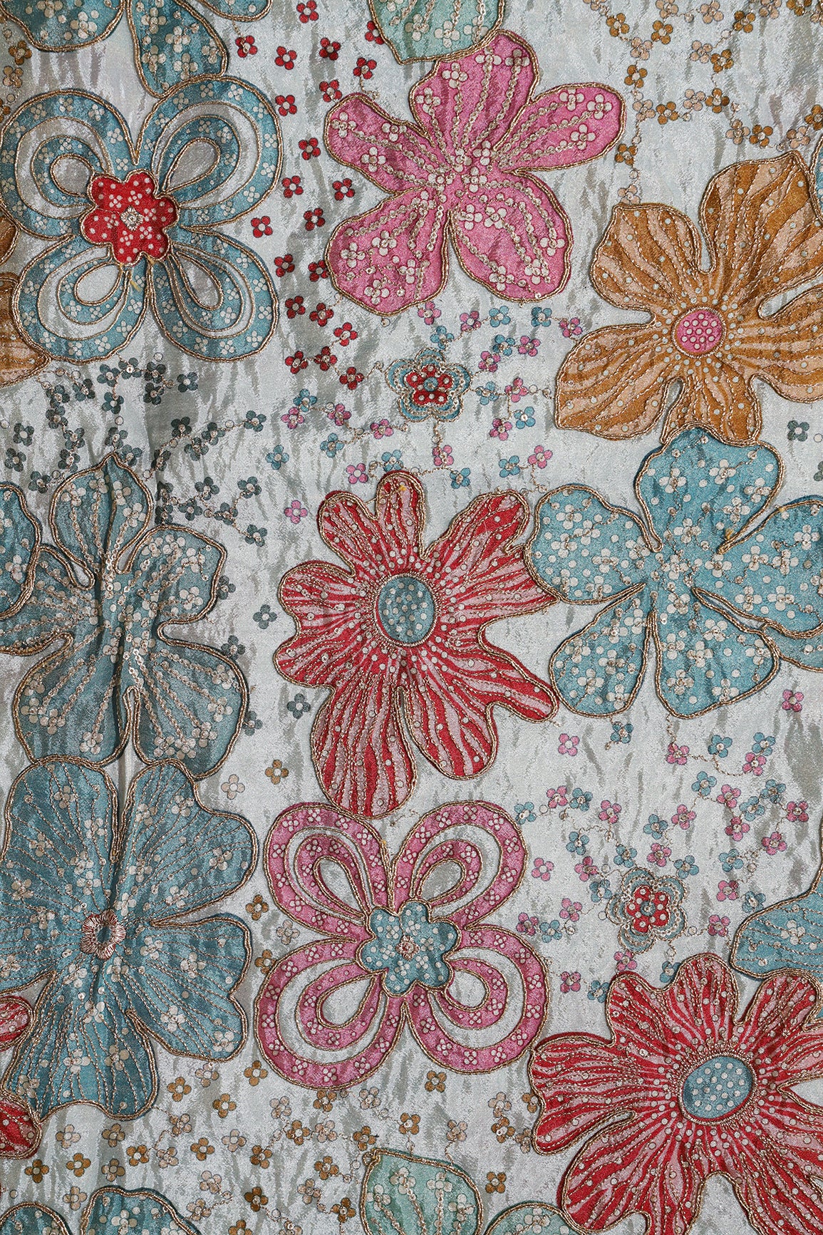 Floral Position Print On Sequins With Zari Embroidery On Pastel Blue Viscose Zari Tissue Fabric