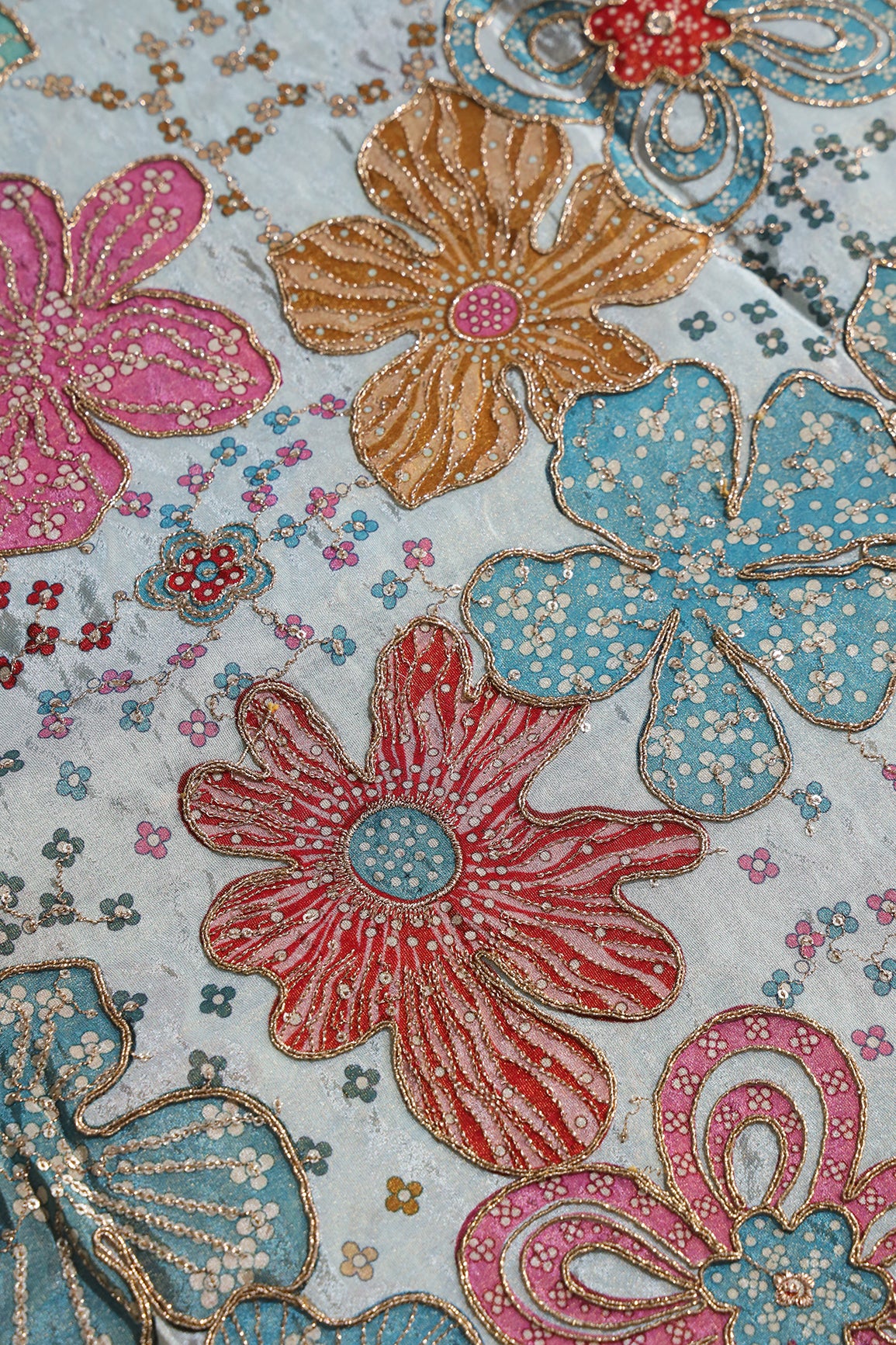 Floral Position Print On Sequins With Zari Embroidery On Pastel Blue Viscose Zari Tissue Fabric