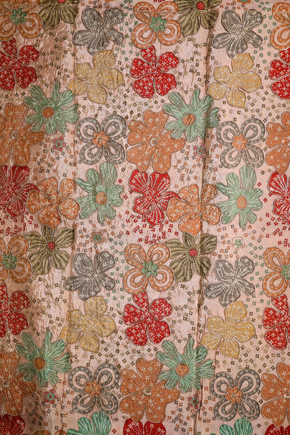 Floral Position Print On Sequins With Zari Embroidery On Light Peach Viscose Zari Tissue Fabric