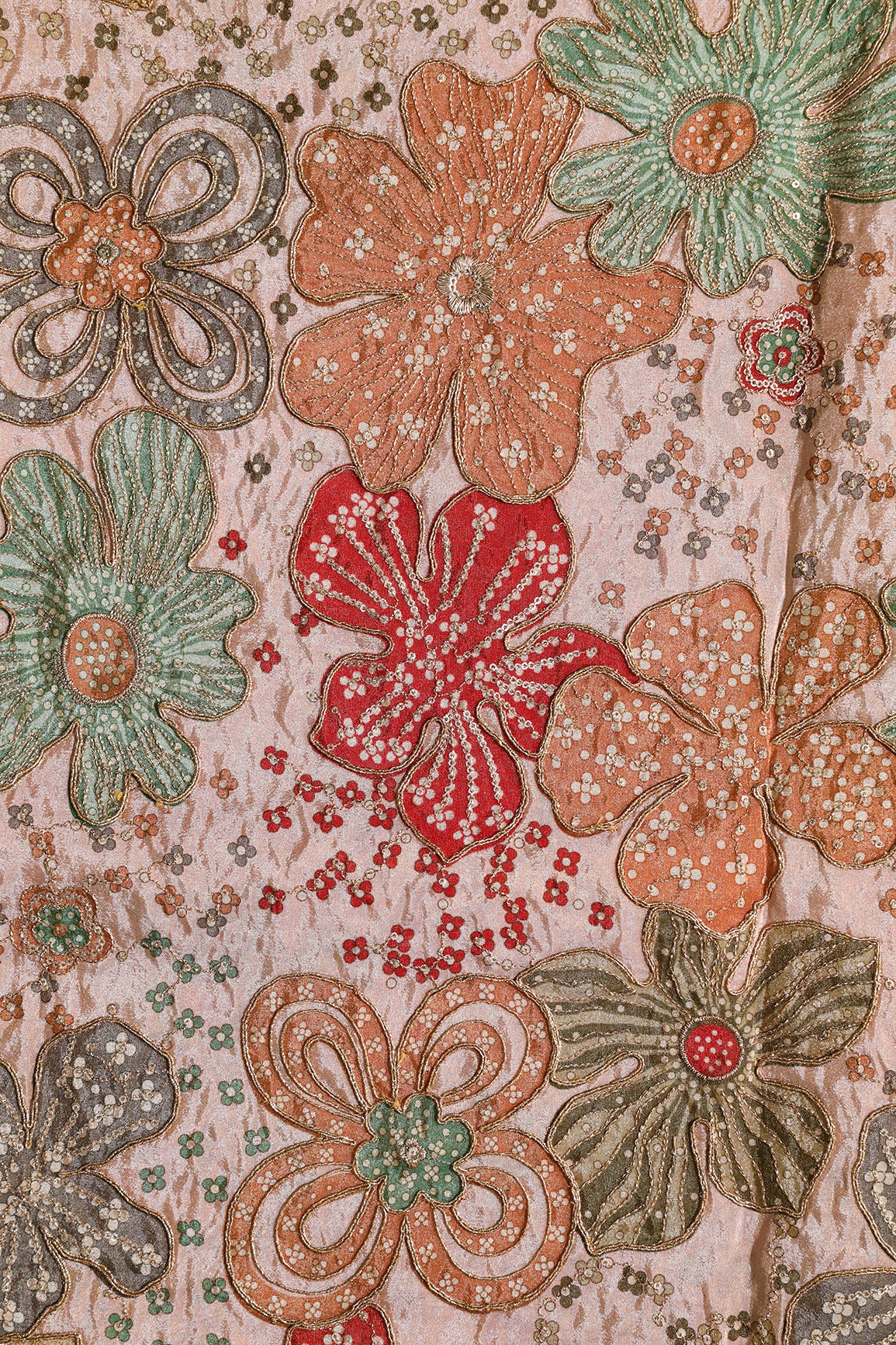 Floral Position Print On Sequins With Zari Embroidery On Light Peach Viscose Zari Tissue Fabric