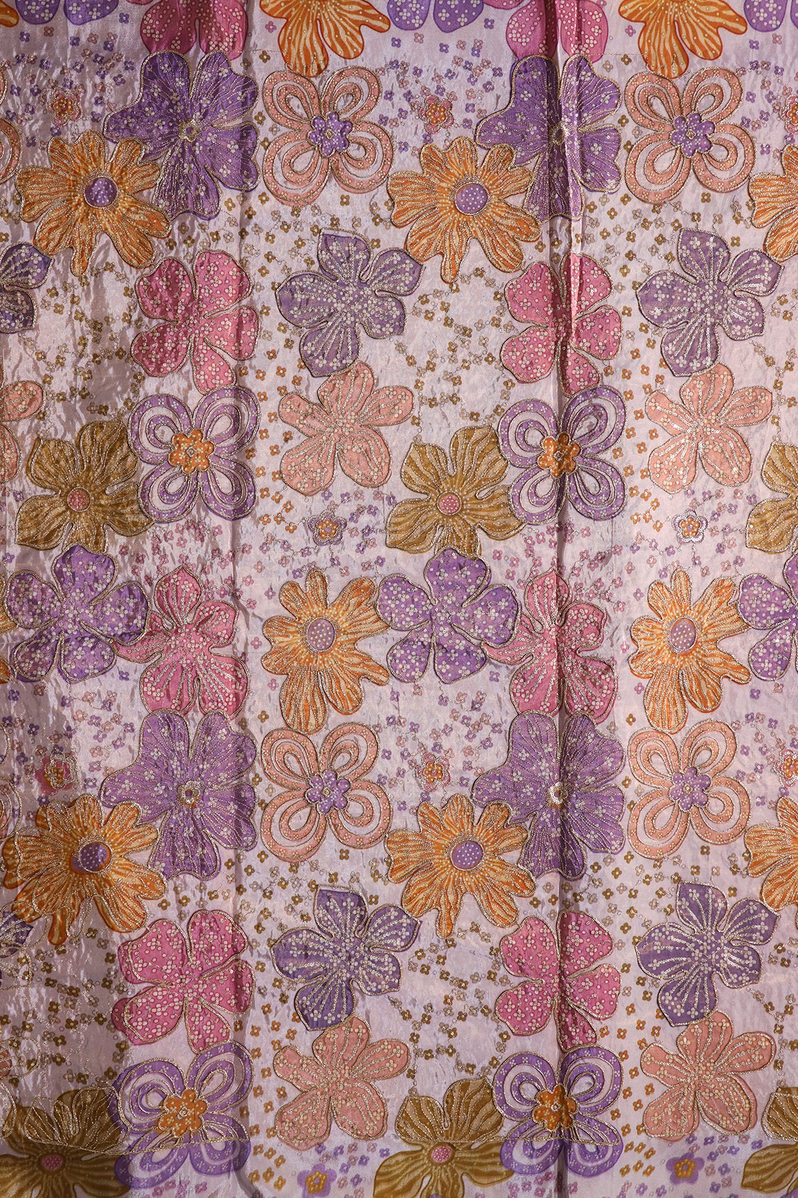 Floral Position Print On Sequins With Zari Embroidery On Lilac Viscose Zari Tissue Fabric