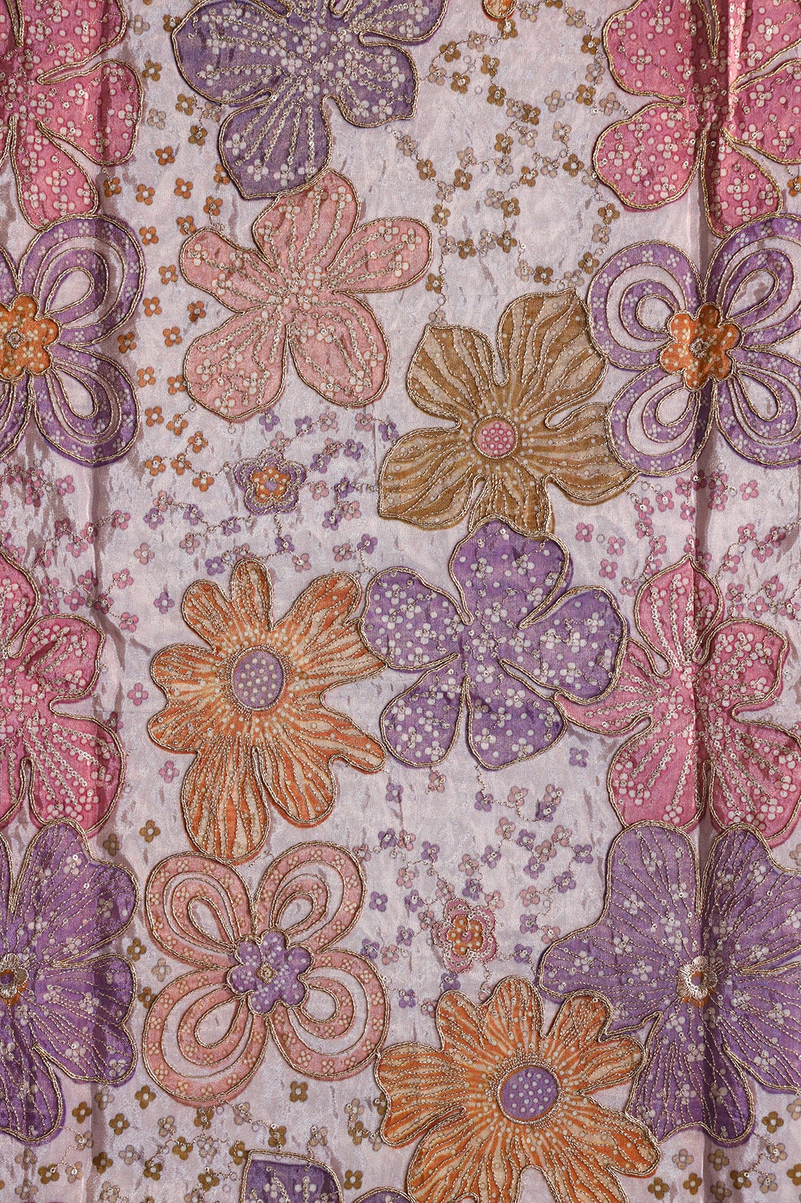 Floral Position Print On Sequins With Zari Embroidery On Lilac Viscose Zari Tissue Fabric