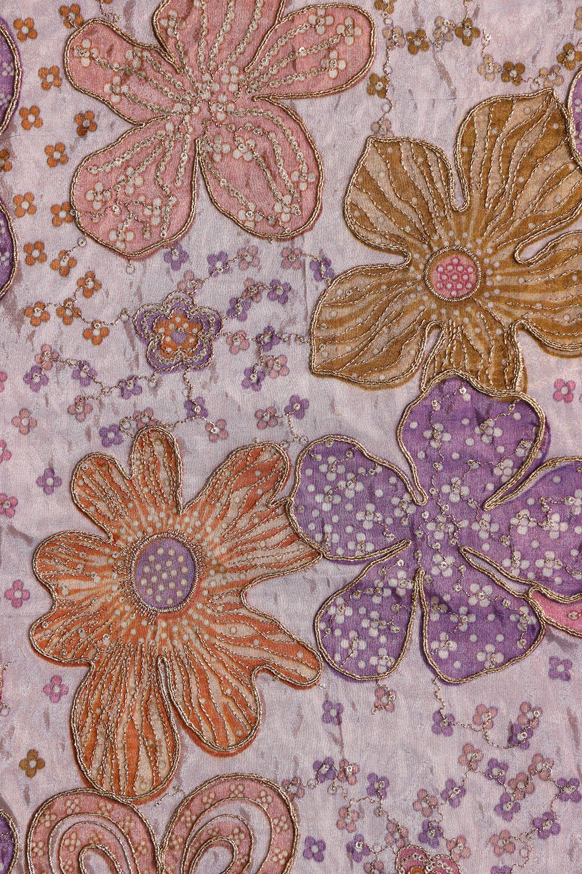 Floral Position Print On Sequins With Zari Embroidery On Lilac Viscose Zari Tissue Fabric