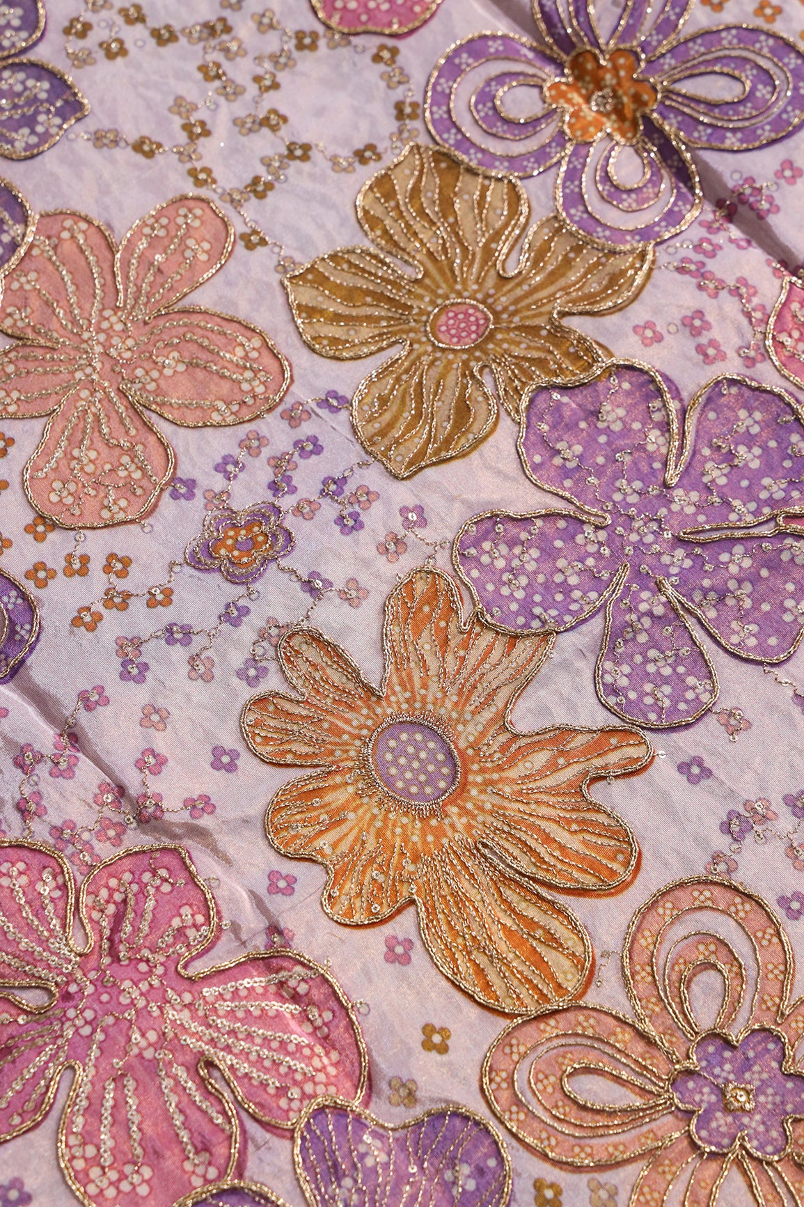 Floral Position Print On Sequins With Zari Embroidery On Lilac Viscose Zari Tissue Fabric