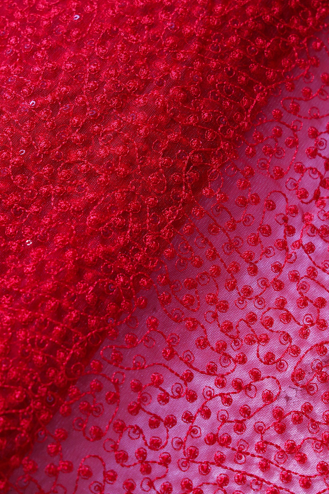 Red Thread With Red Small Sequins Abstract Embroidery Work On Red Soft Net Fabric