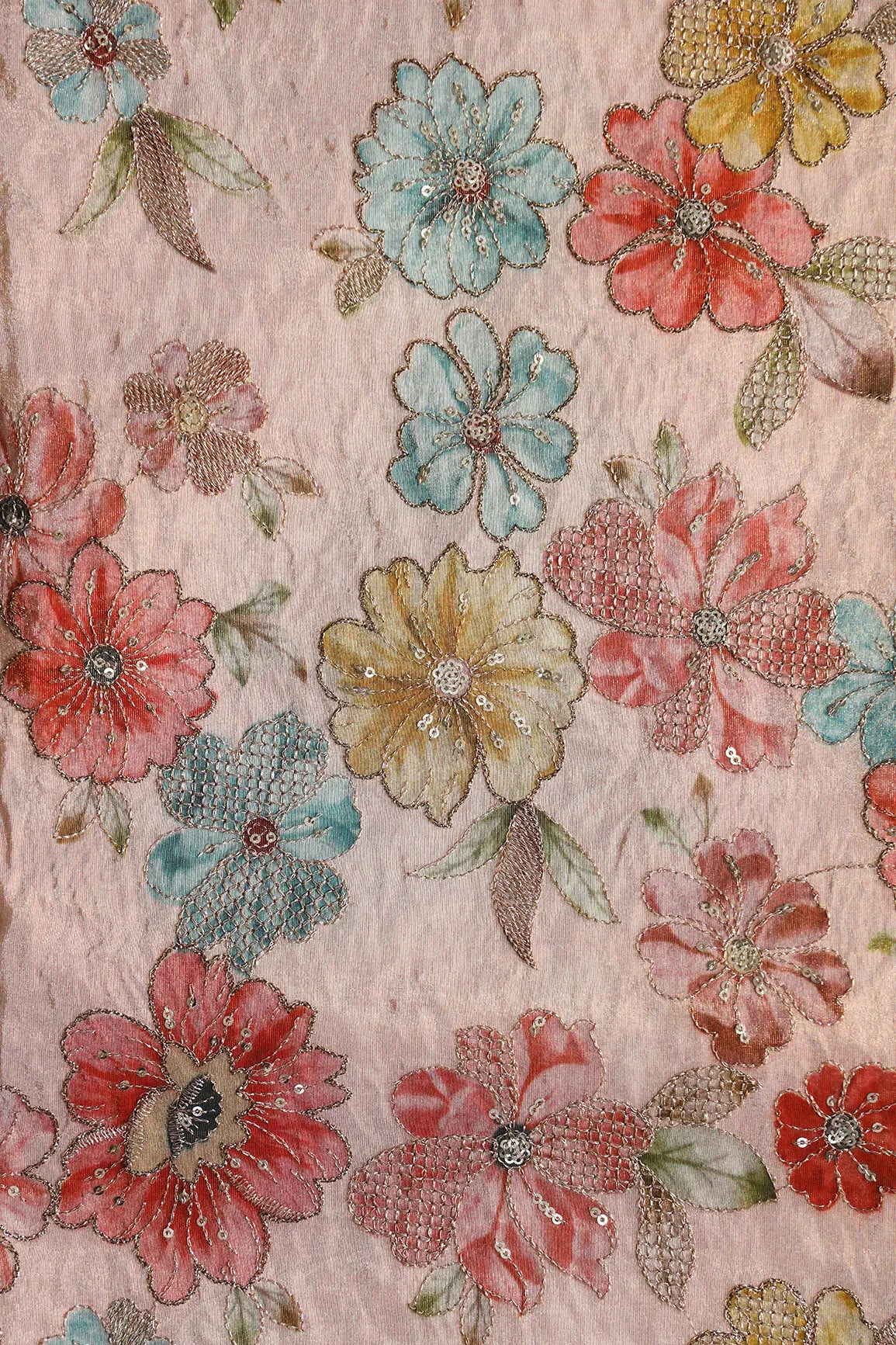 Floral Position Print On Gold Zari With Sequins Embroidery On Pastel Pink Viscose Zari Tissue Fabric