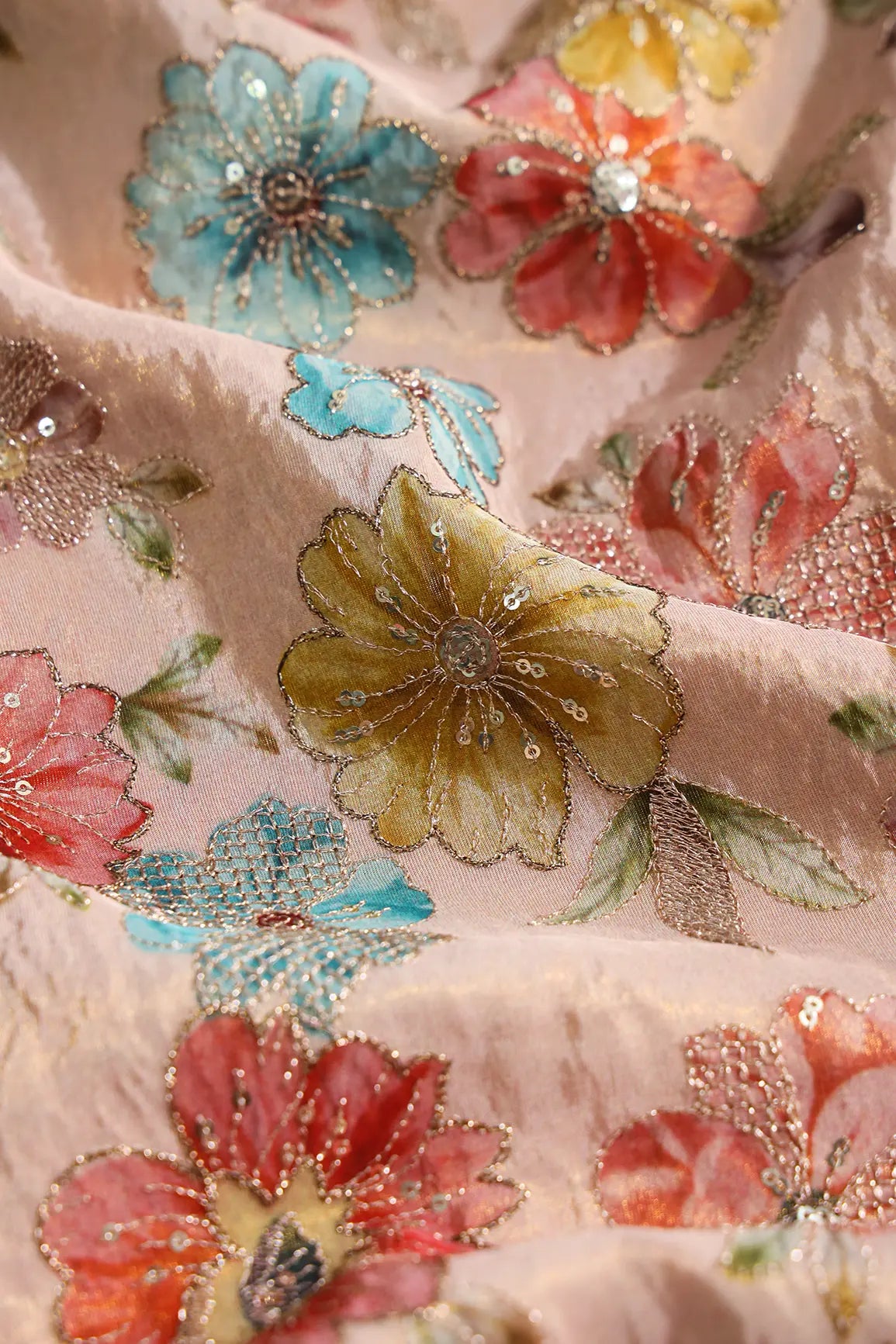 Floral Position Print On Gold Zari With Sequins Embroidery On Pastel Pink Viscose Zari Tissue Fabric
