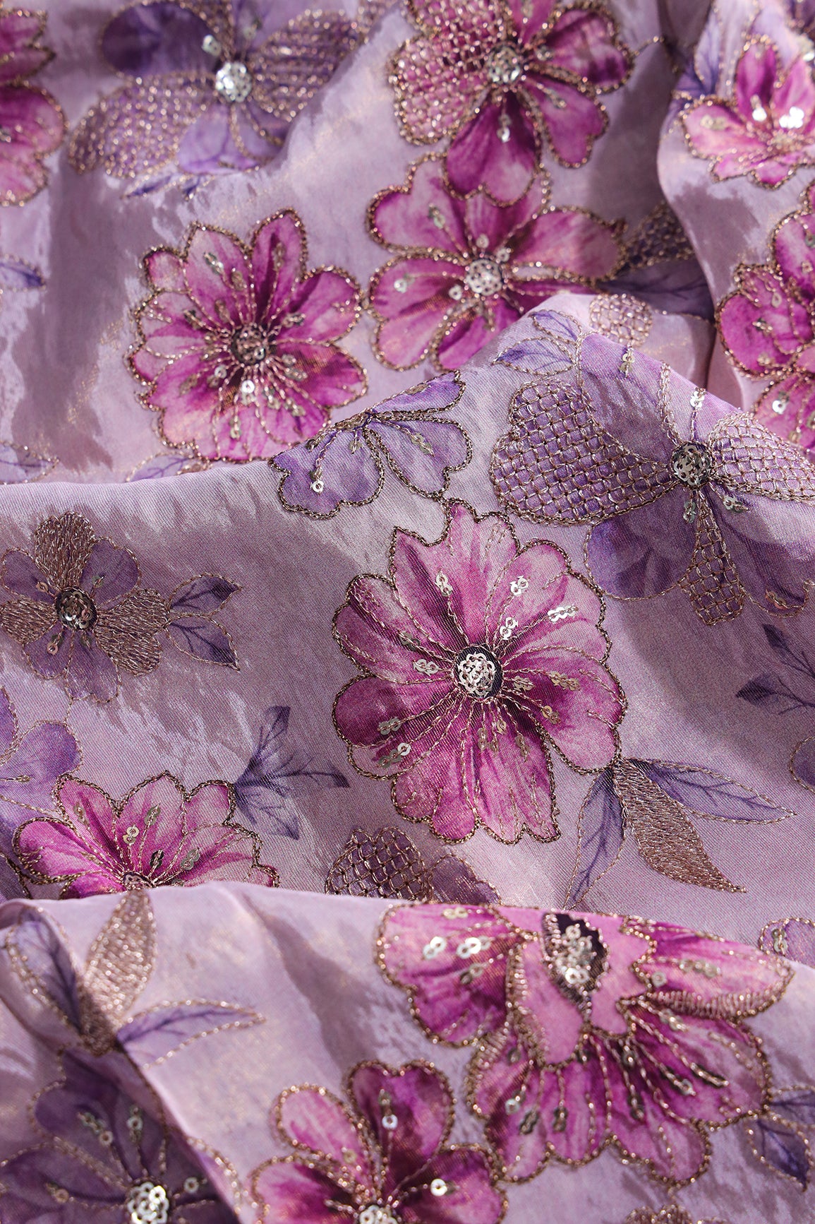 Floral Position Print On Gold Zari With Sequins Embroidery On Lavender Viscose Zari Tissue Fabric