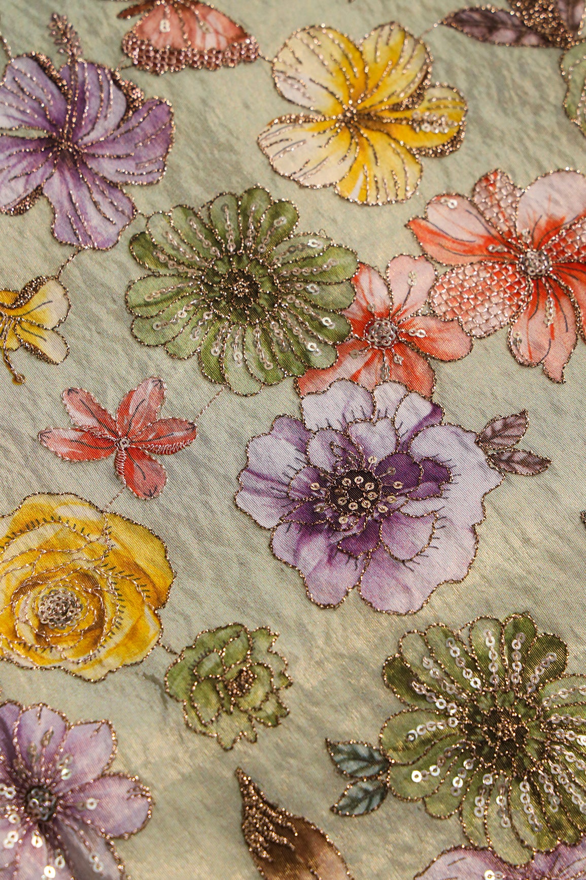 Floral Position Print On Gold Zari With Sequins Embroidery On Olive Viscose Zari Tissue Fabric