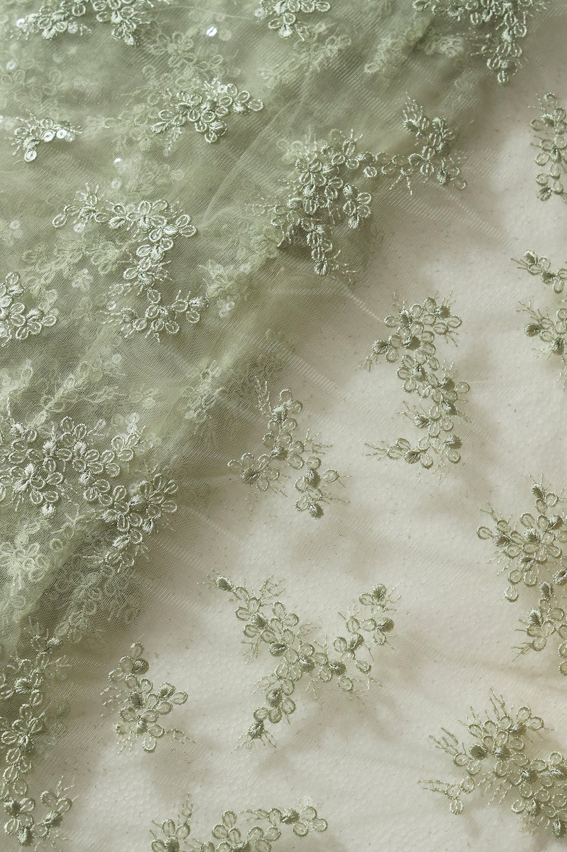 Exclusive Olive Thread With Sequins Abstract Embroidery Work On Olive Soft Net Fabric