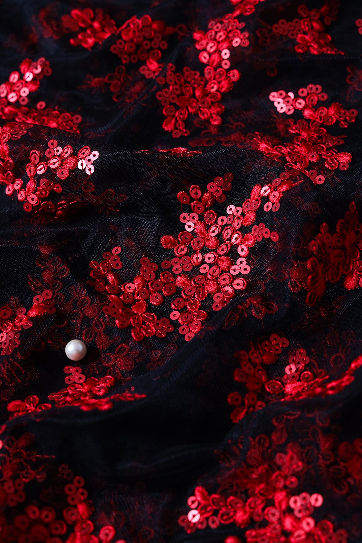 Exclusive Red Thread With Sequins Abstract Embroidery Work On Black Soft Net Fabric