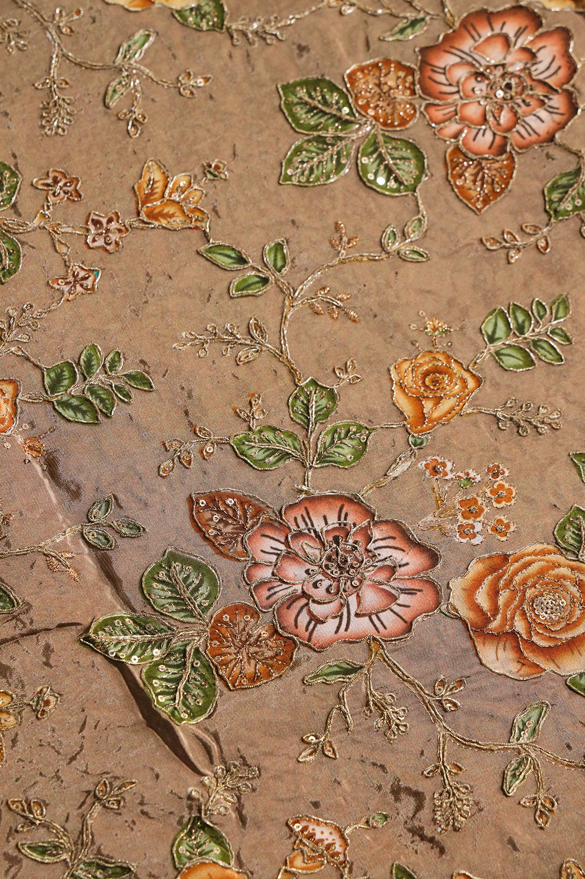 Floral Position Print On Sequins With Zari Embroidery On Brown Viscose Zari Tissue Fabric
