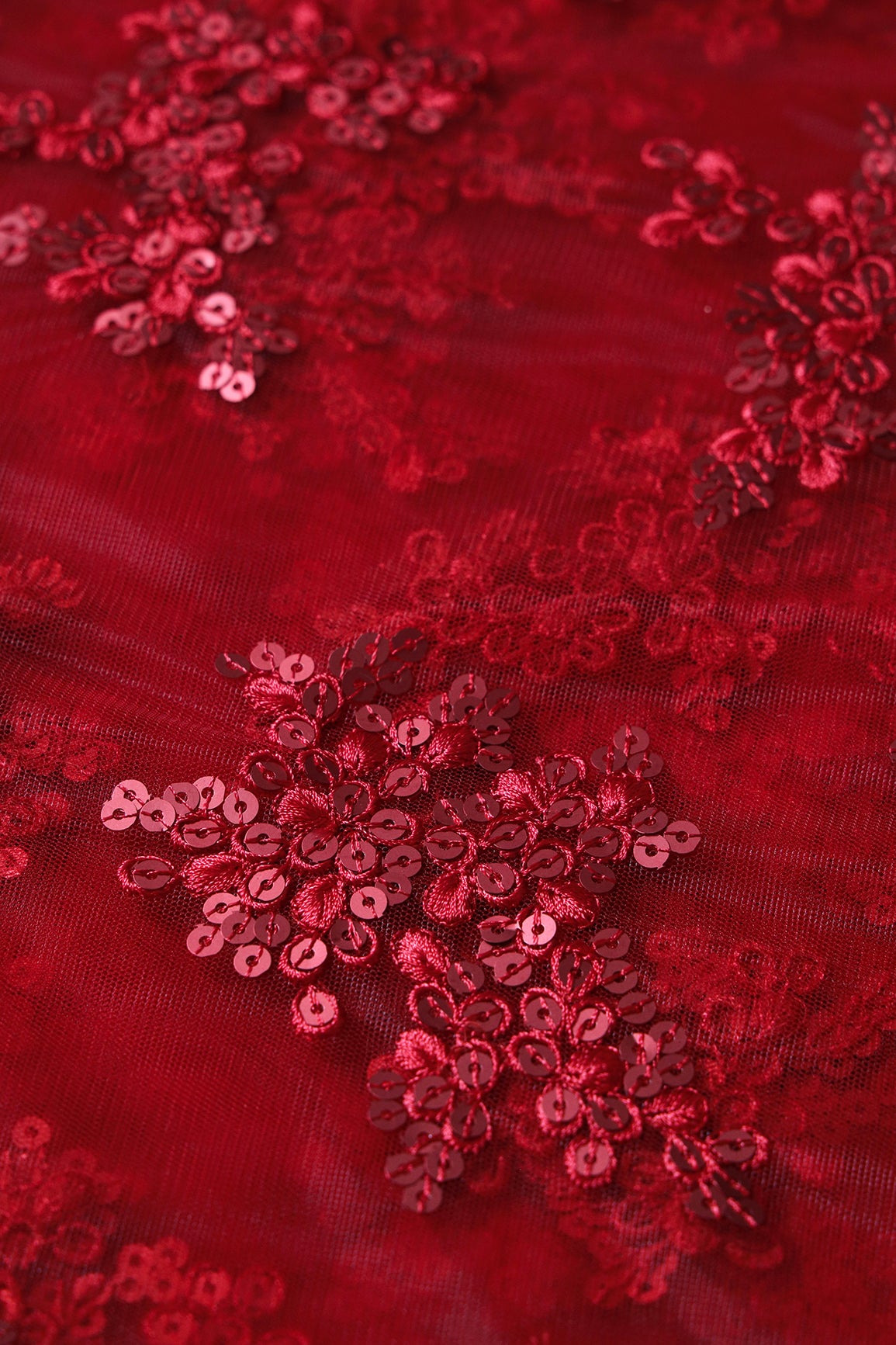 Exclusive Red Thread With Sequins Abstract Embroidery Work On Red Soft Net Fabric