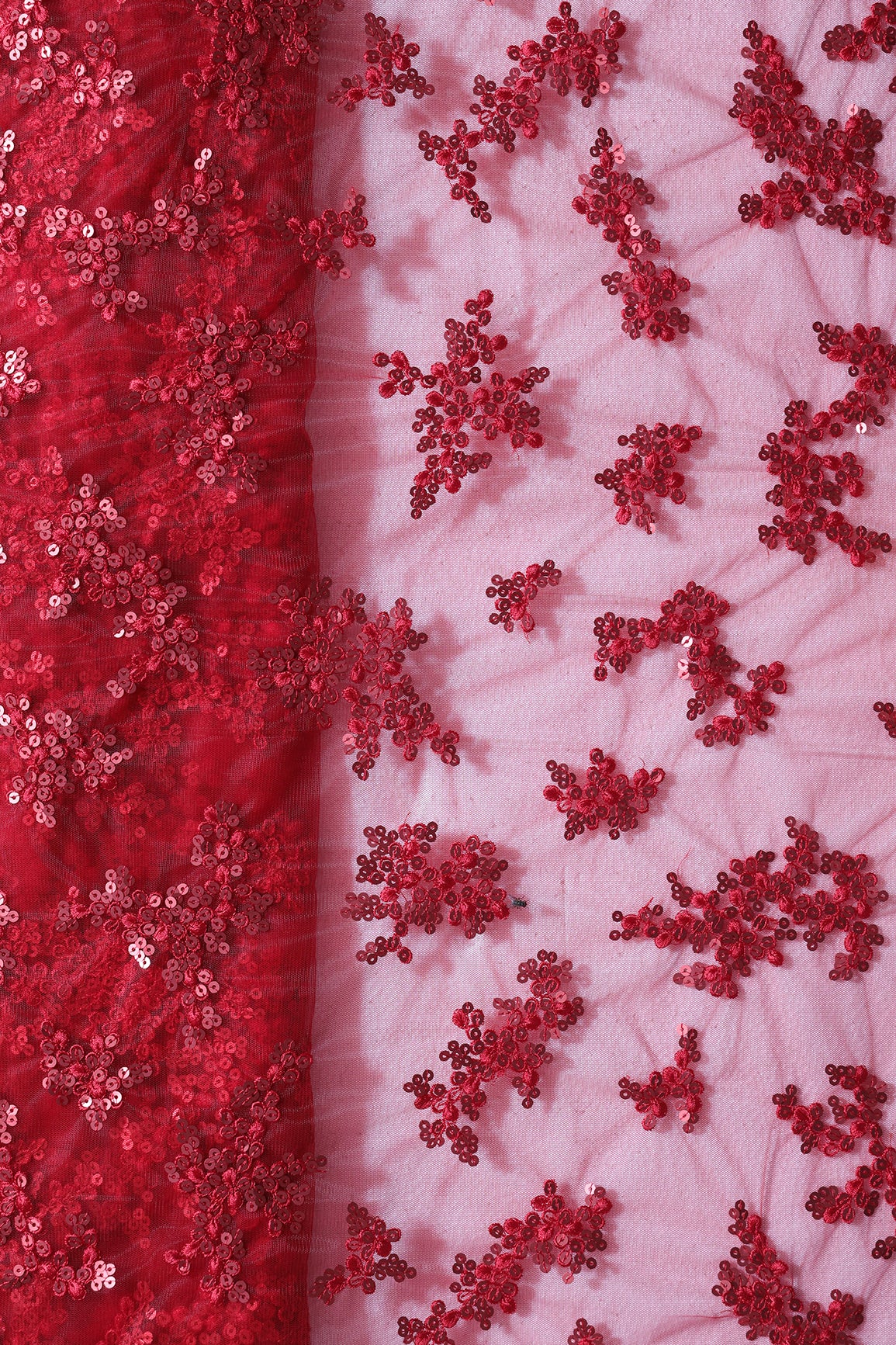 Exclusive Red Thread With Sequins Abstract Embroidery Work On Red Soft Net Fabric