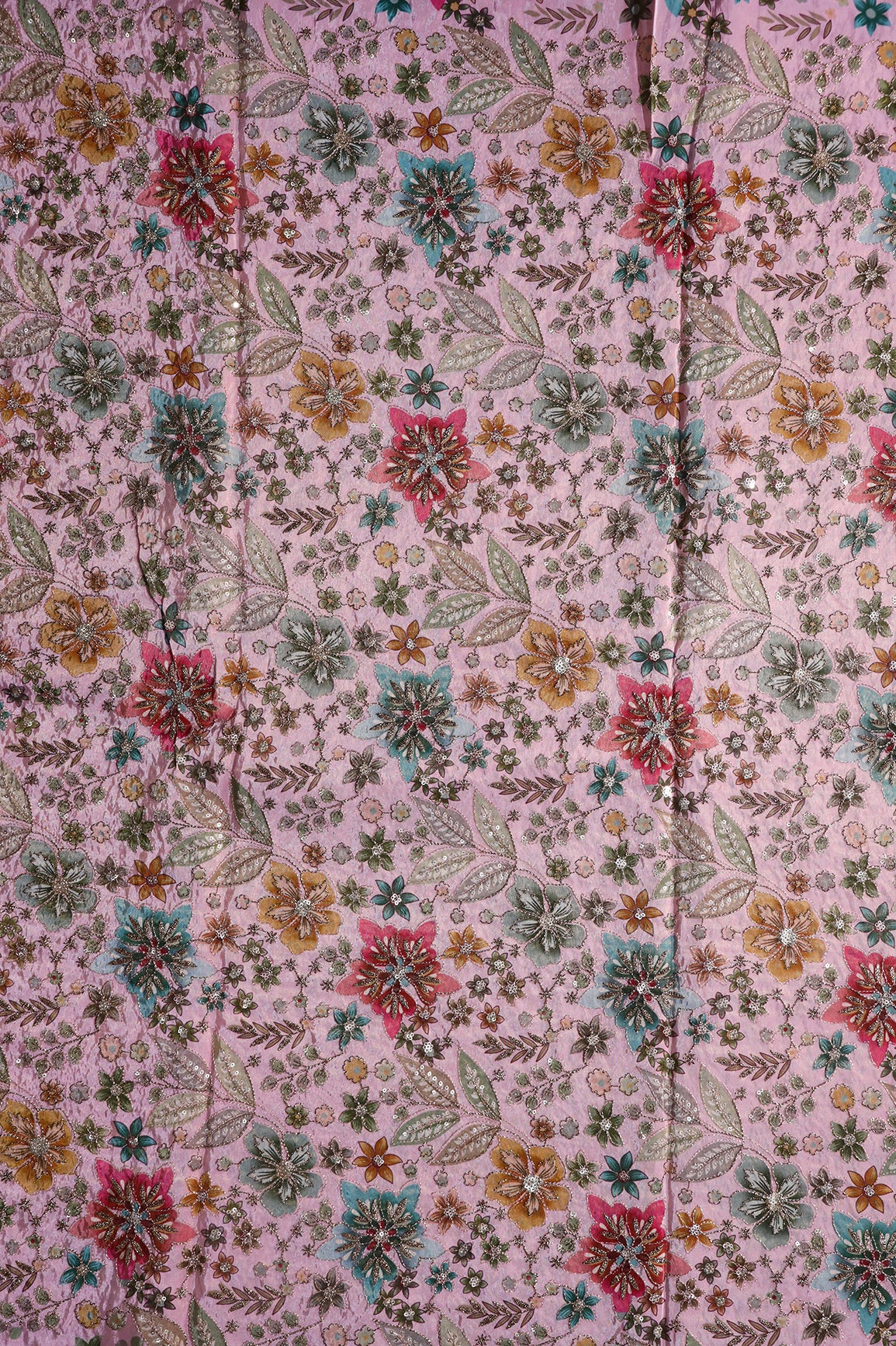 Floral Position Print On Sequins With Zari Embroidery On Pastel Pink Viscose Zari Tissue Fabric