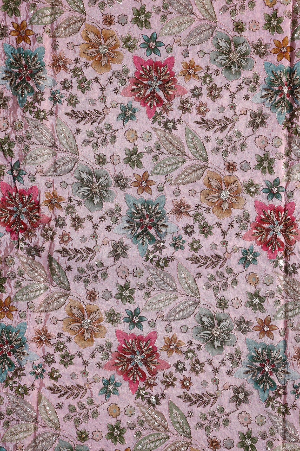 Floral Position Print On Sequins With Zari Embroidery On Pastel Pink Viscose Zari Tissue Fabric