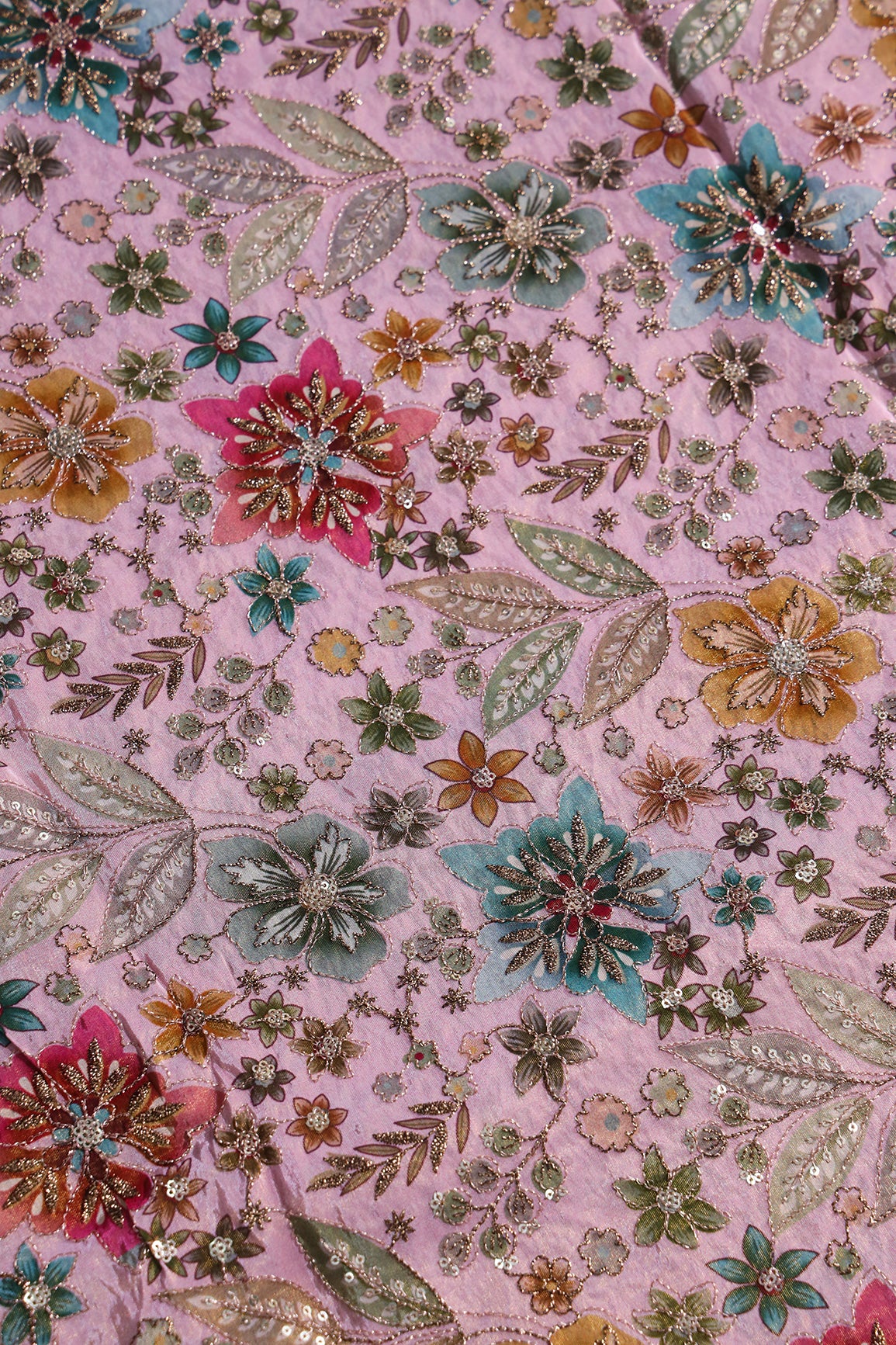 Floral Position Print On Sequins With Zari Embroidery On Pastel Pink Viscose Zari Tissue Fabric