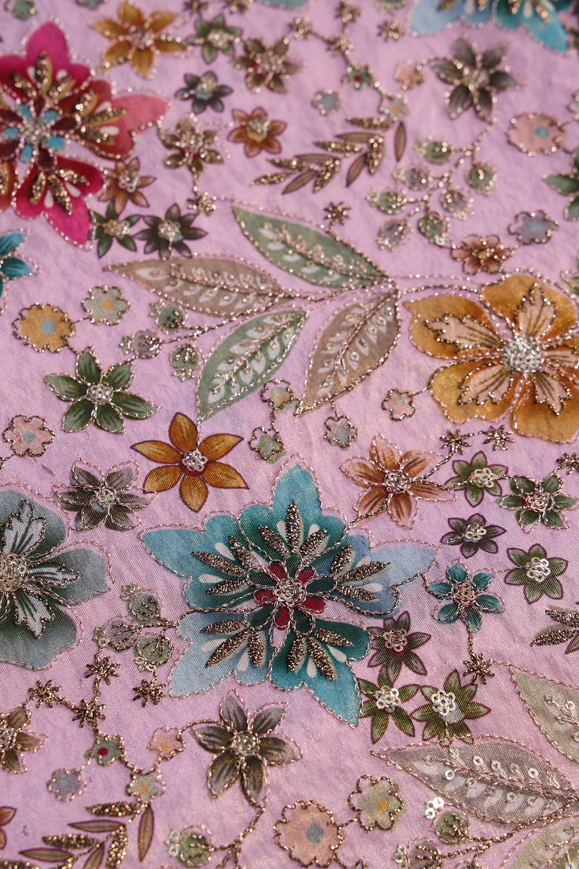 Floral Position Print On Sequins With Zari Embroidery On Pastel Pink Viscose Zari Tissue Fabric