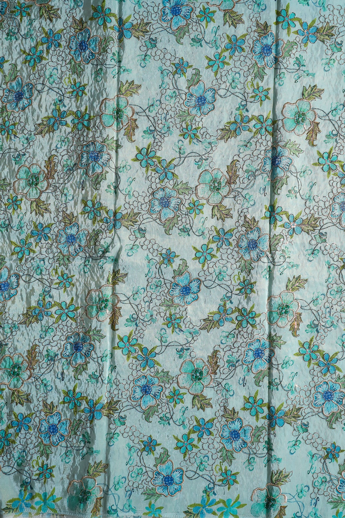 Floral Position Print On Sequins With Zari Embroidery On Pastel Blue Viscose Zari Tissue Fabric