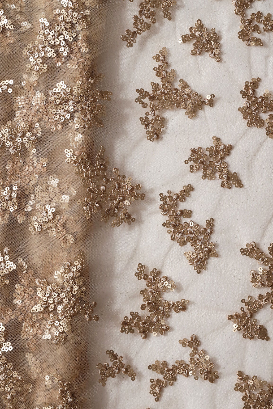Exclusive Beige Thread With Sequins Abstract Embroidery Work On Beige Soft Net Fabric