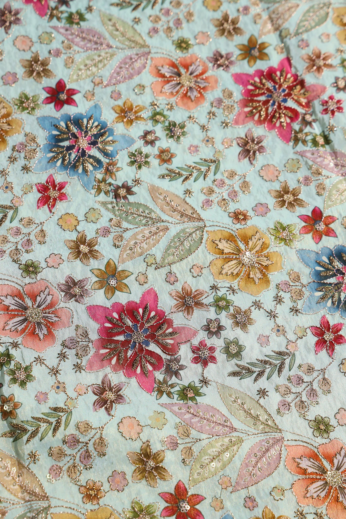 Floral Position Print On Sequins With Zari Embroidery On Pastel Blue Viscose Zari Tissue Fabric