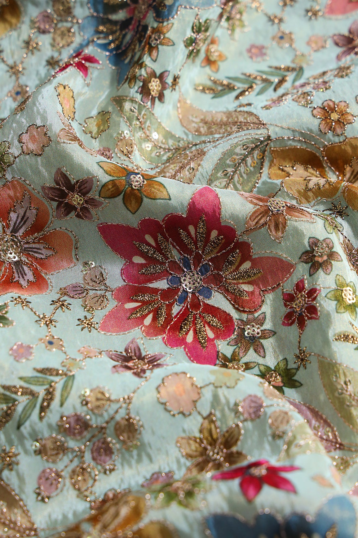 Floral Position Print On Sequins With Zari Embroidery On Pastel Blue Viscose Zari Tissue Fabric