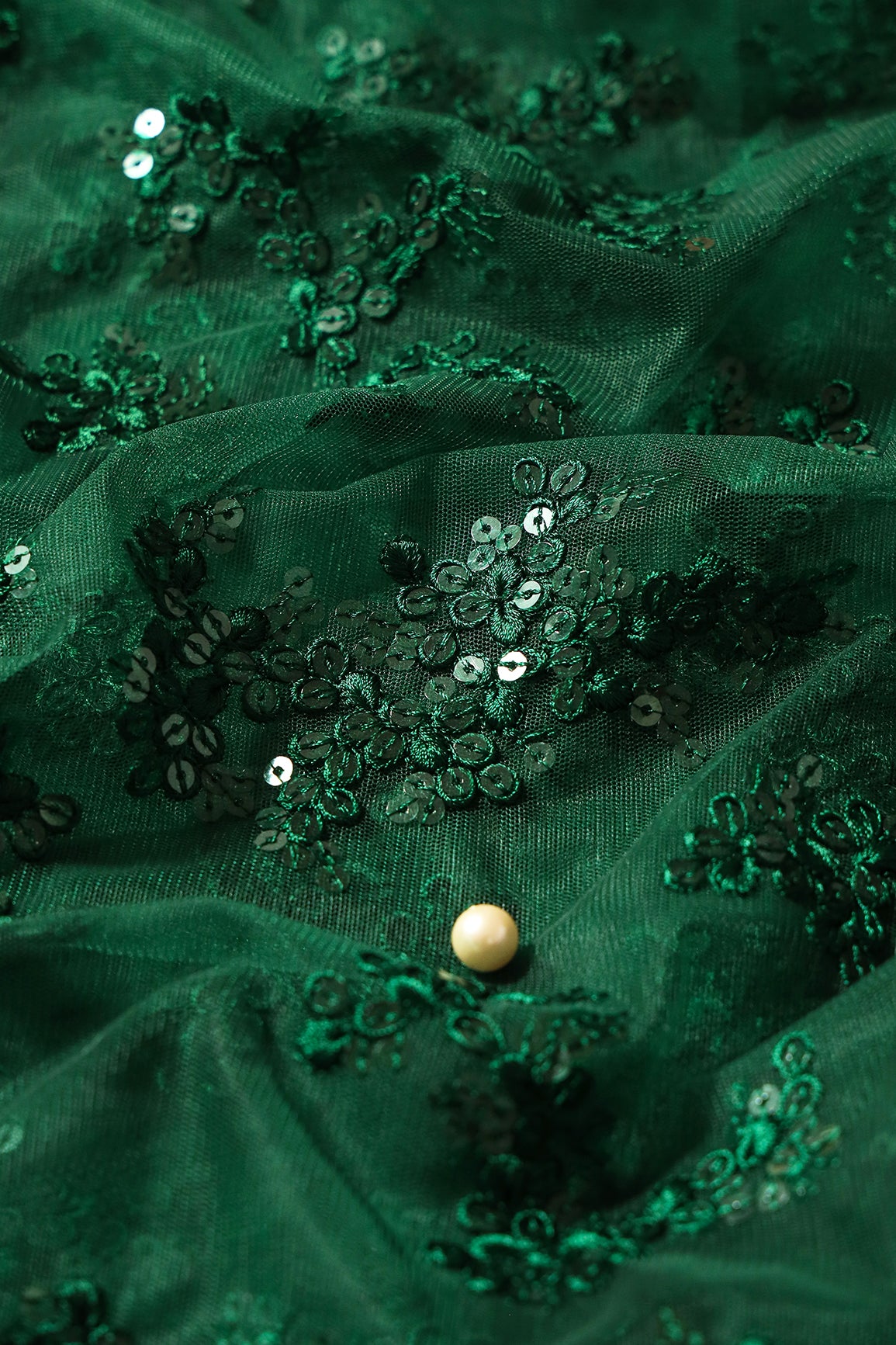 Exclusive Green Thread With Sequins Abstract Embroidery Work On Bottle Green Soft Net Fabric