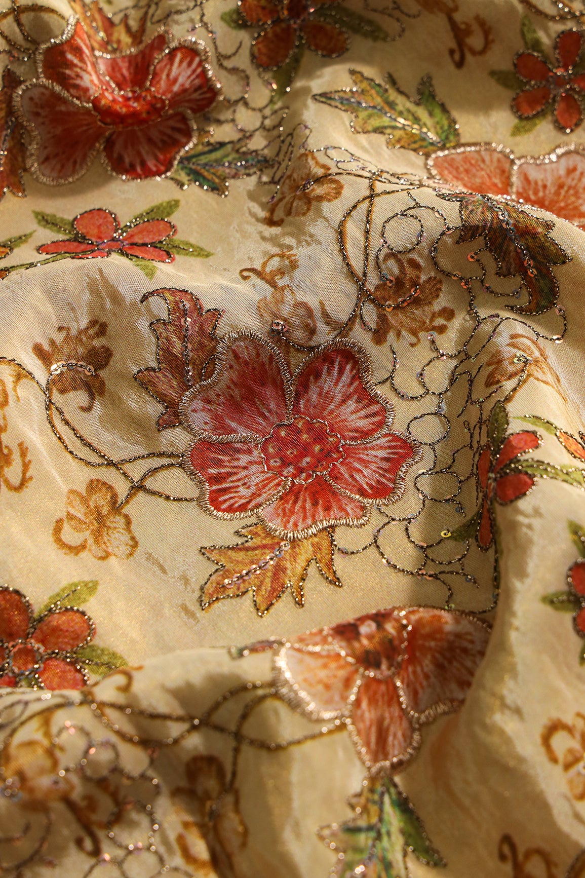 Floral Position Print On Sequins With Zari Embroidery On Beige Viscose Zari Tissue Fabric