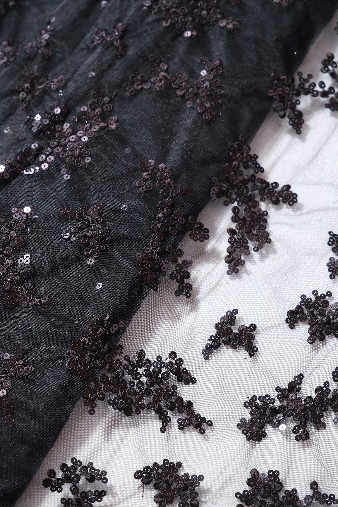 Exclusive Black Thread With Sequins Abstract Embroidery Work On Black Soft Net Fabric