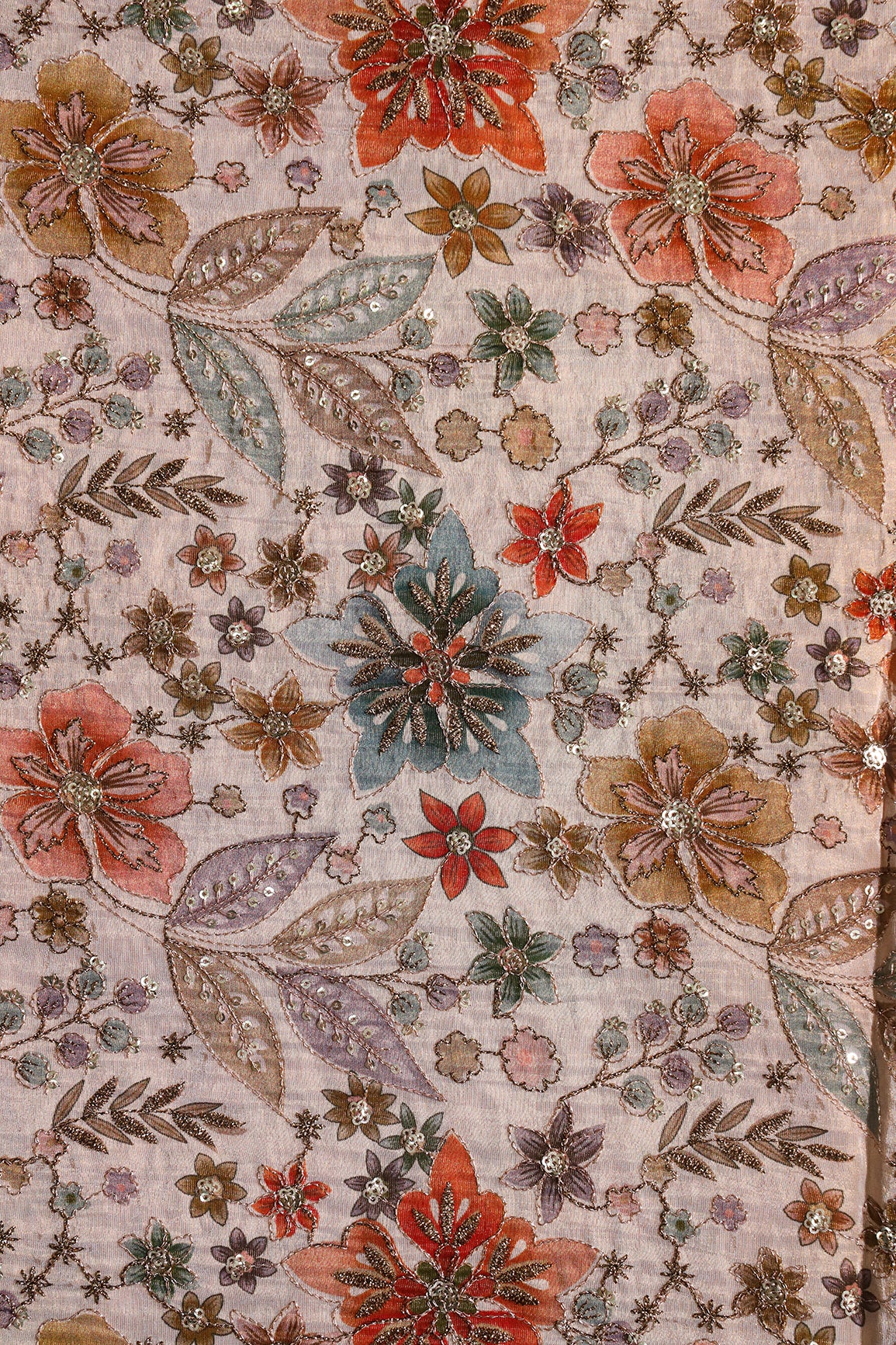 Floral Position Print On Sequins With Zari Embroidery On Light Beige Viscose Zari Tissue Fabric