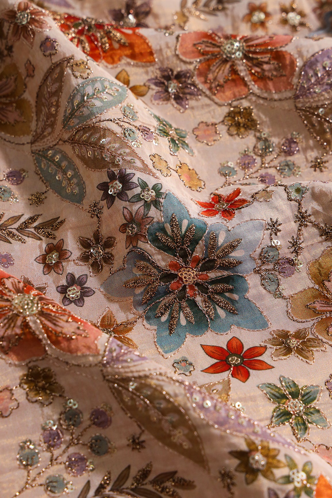 Floral Position Print On Sequins With Zari Embroidery On Light Beige Viscose Zari Tissue Fabric