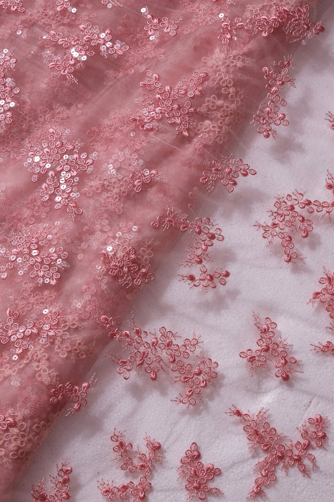 Exclusive Pink Thread With Sequins Abstract Embroidery Work On Pink Soft Net Fabric