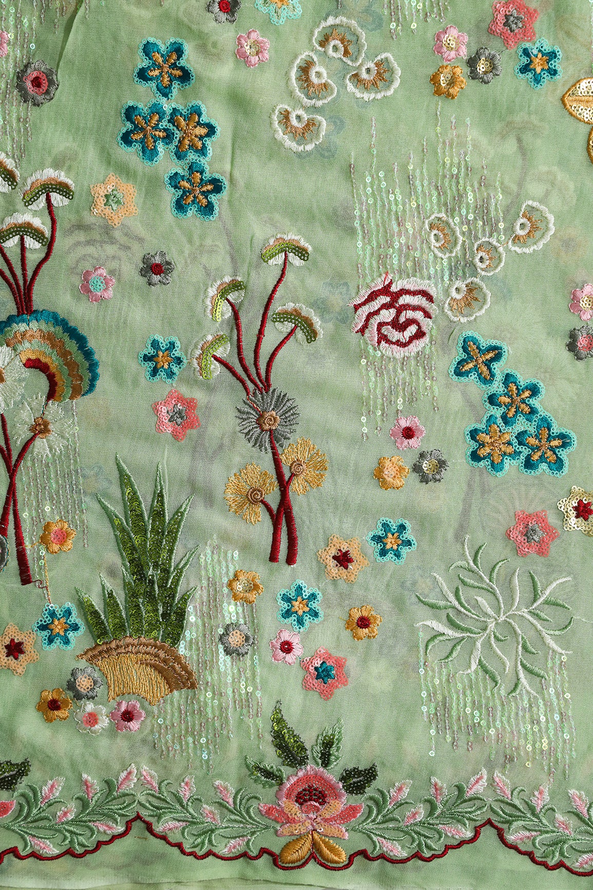Exclusive Floral Designer Embroidery With Faux Mirror On Olive Viscose Georgette Fabric