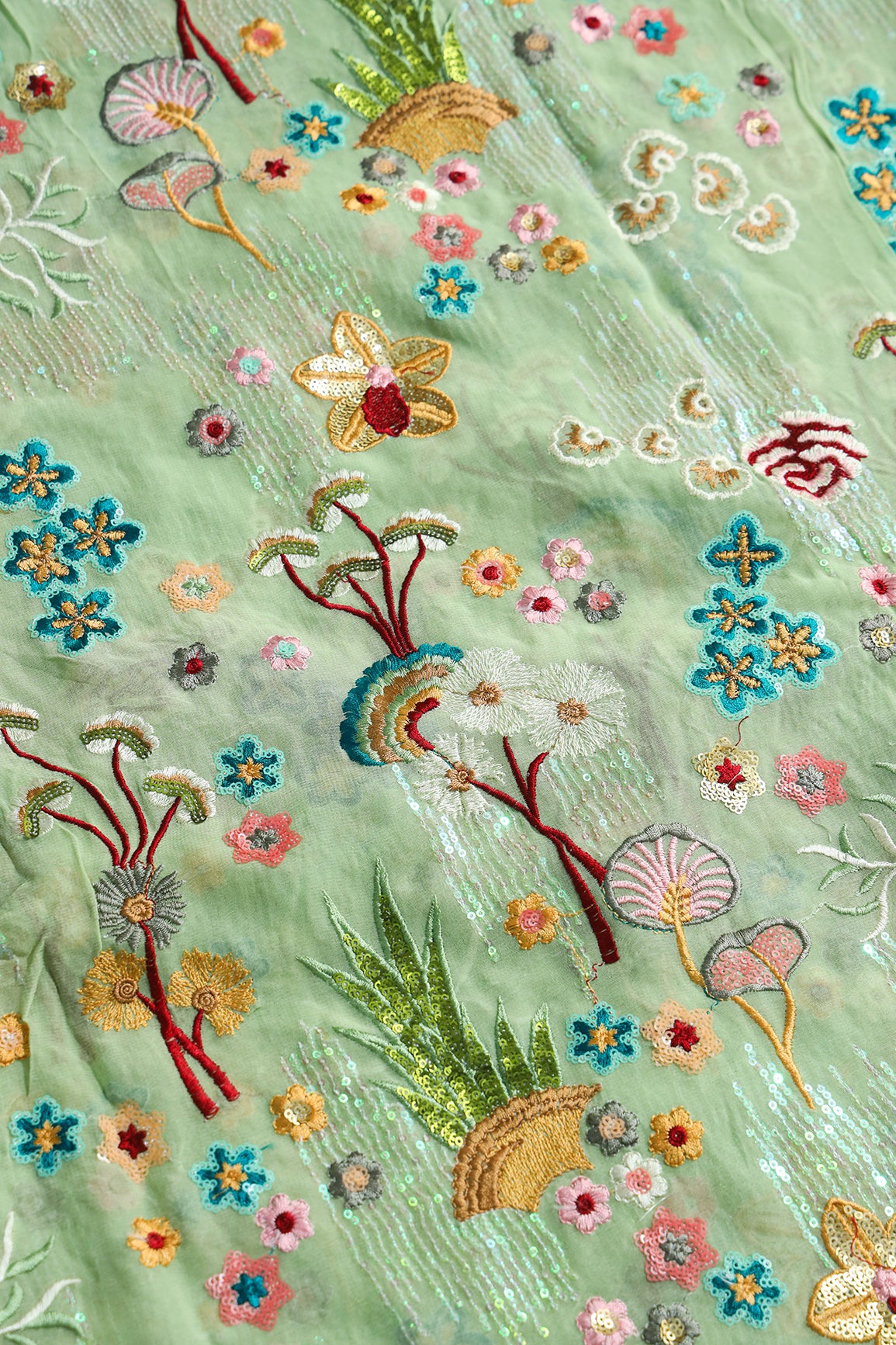 Exclusive Floral Designer Embroidery With Faux Mirror On Olive Viscose Georgette Fabric