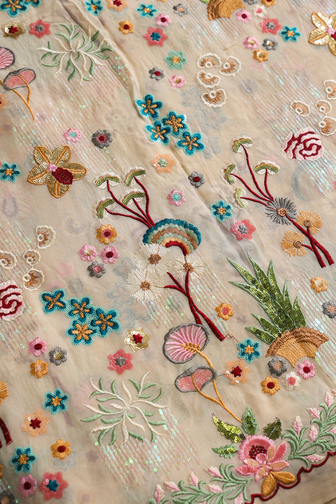 Big Width "52" Multi Sequins With Multi Thread Traditional Embroidery On Beige Viscose Georgette Fabric