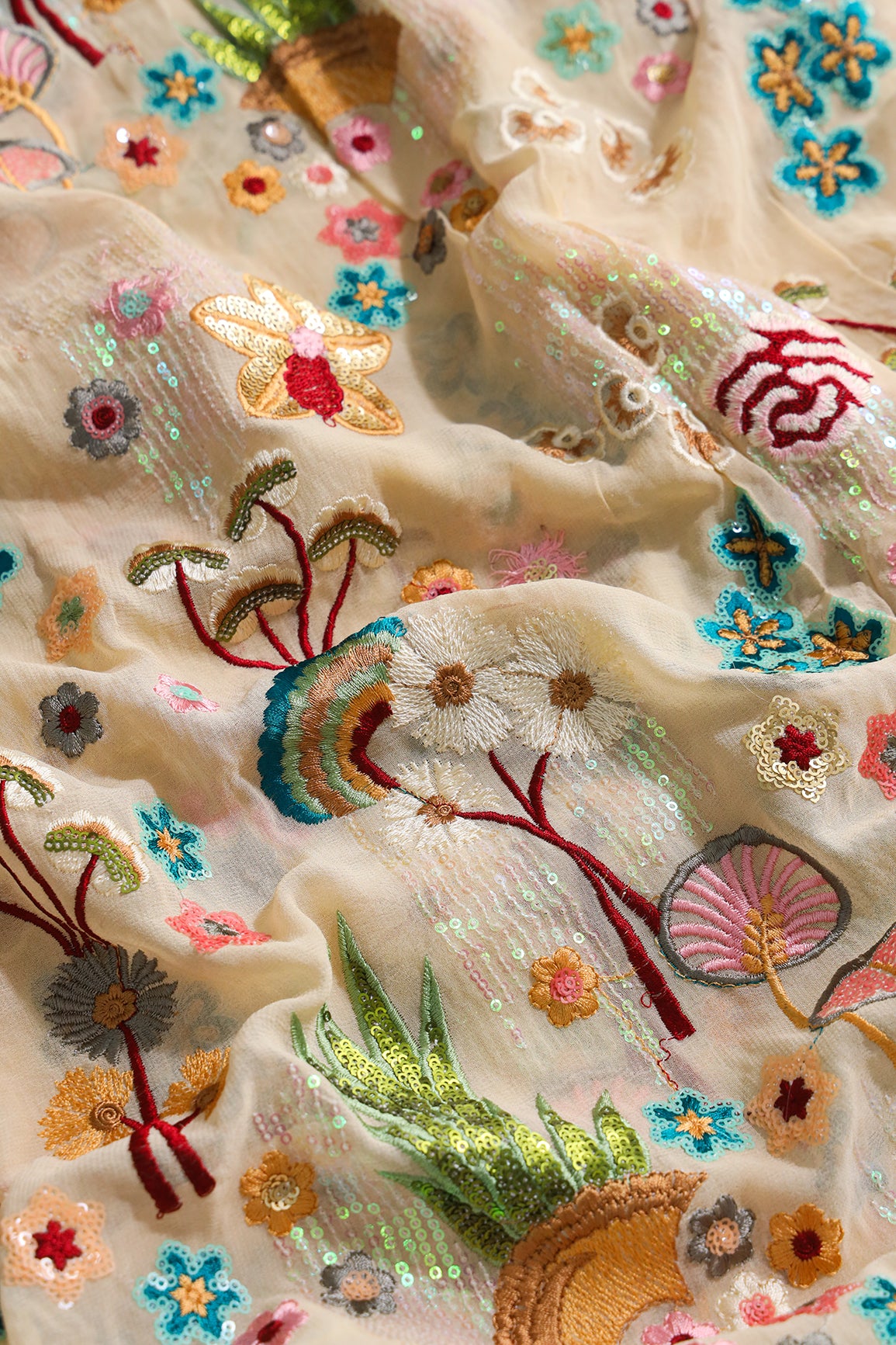 Exclusive Floral Designer Embroidery With Faux Mirror On Beige Viscose Georgette Fabric
