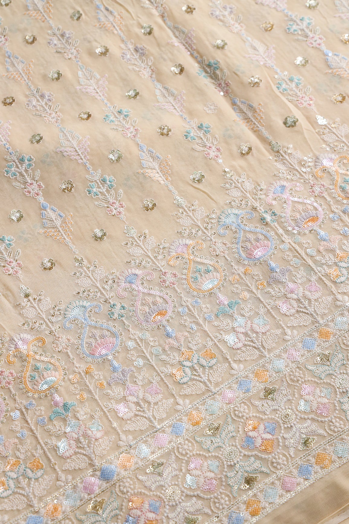 Big Width "52" Multi Sequins With White Thread Traditional Embroidery On Light Beige Viscose Georgette Fabric With Border
