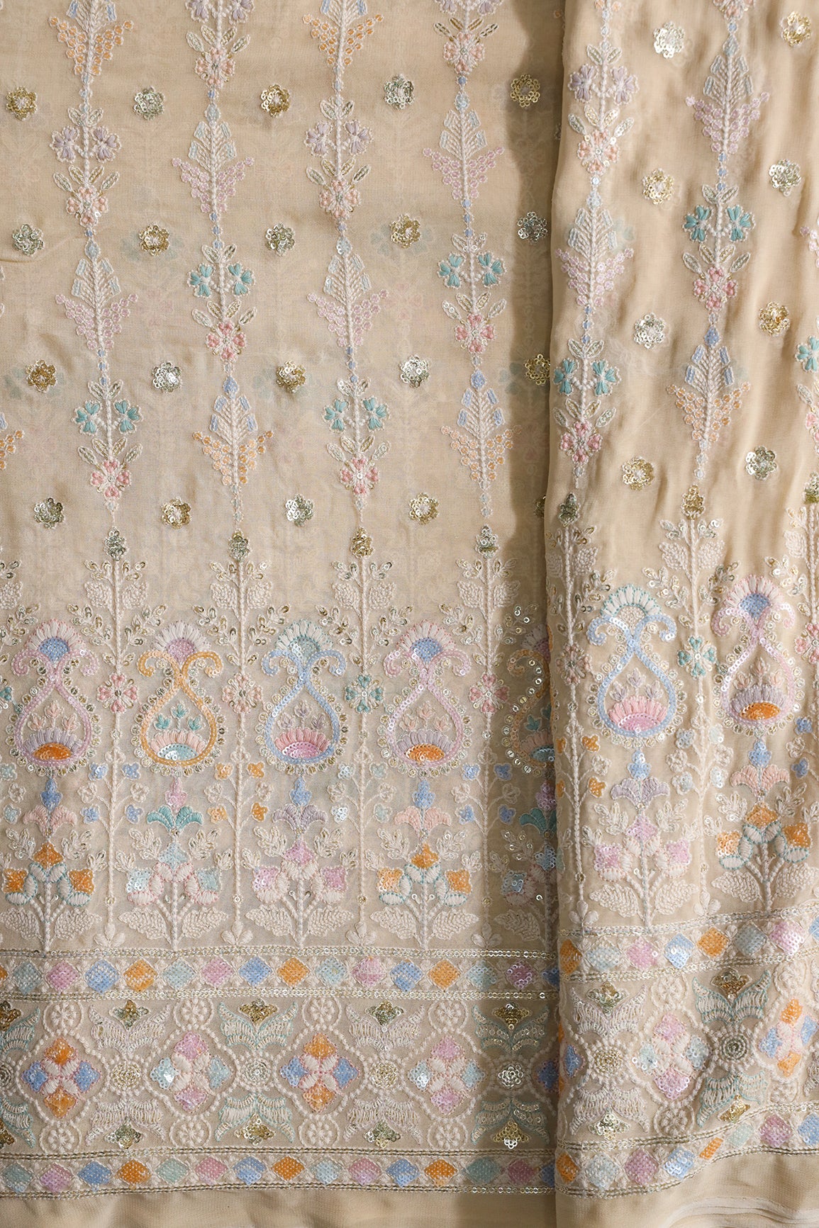 Big Width "52" Multi Sequins With White Thread Traditional Embroidery On Light Beige Viscose Georgette Fabric With Border