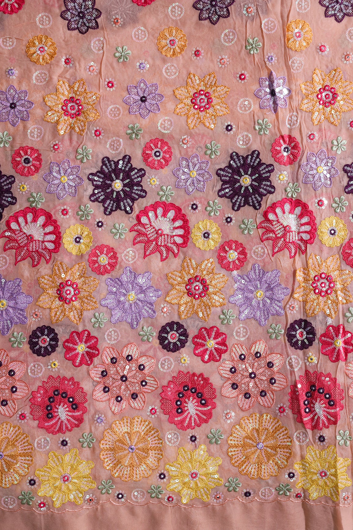 Exclusive Floral Designer Embroidery With Faux Mirror On Peach Viscose Georgette Fabric