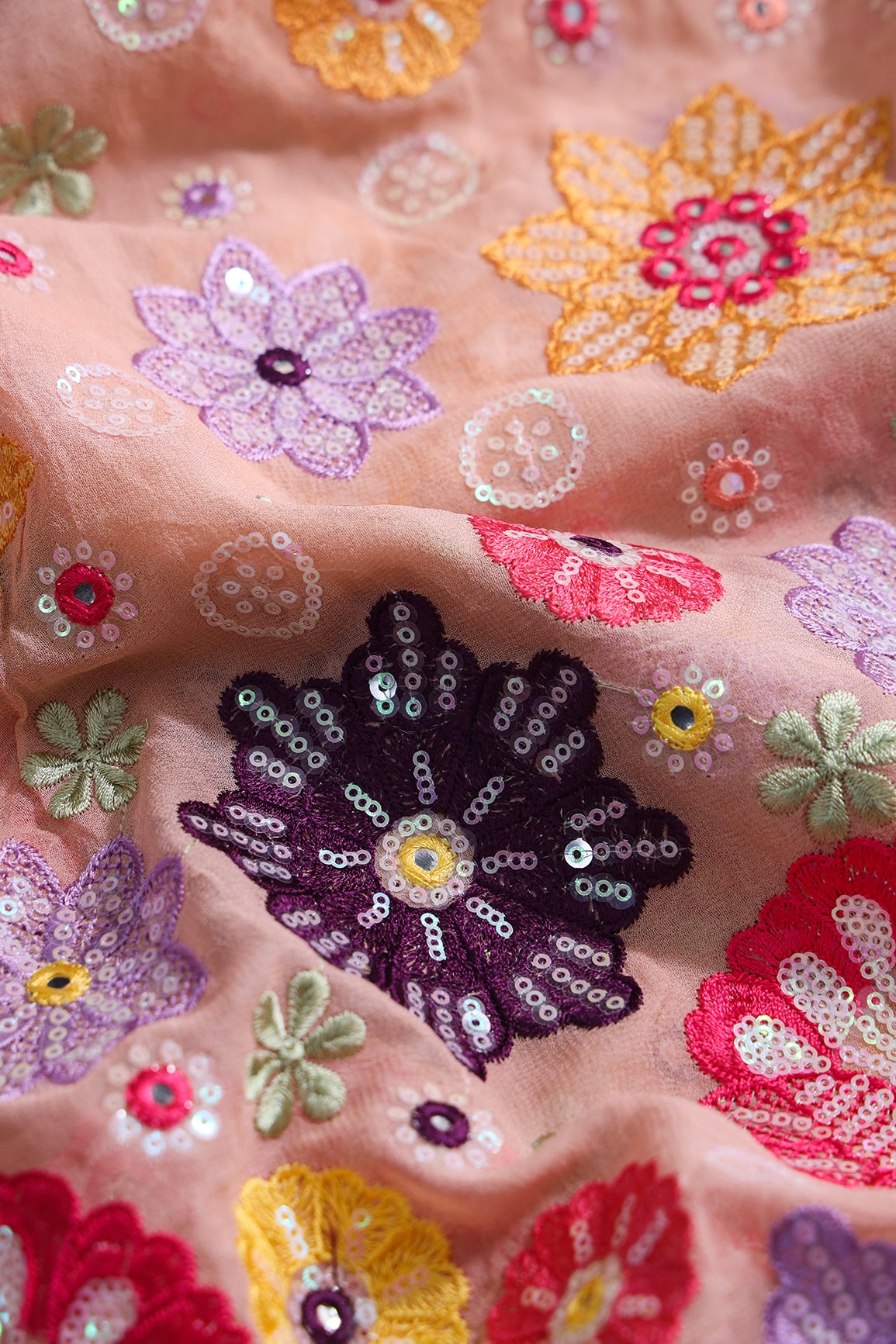 Big Width "52" Exclusive Floral Designer Embroidery With Faux Mirror On Peach Viscose Georgette Fabric