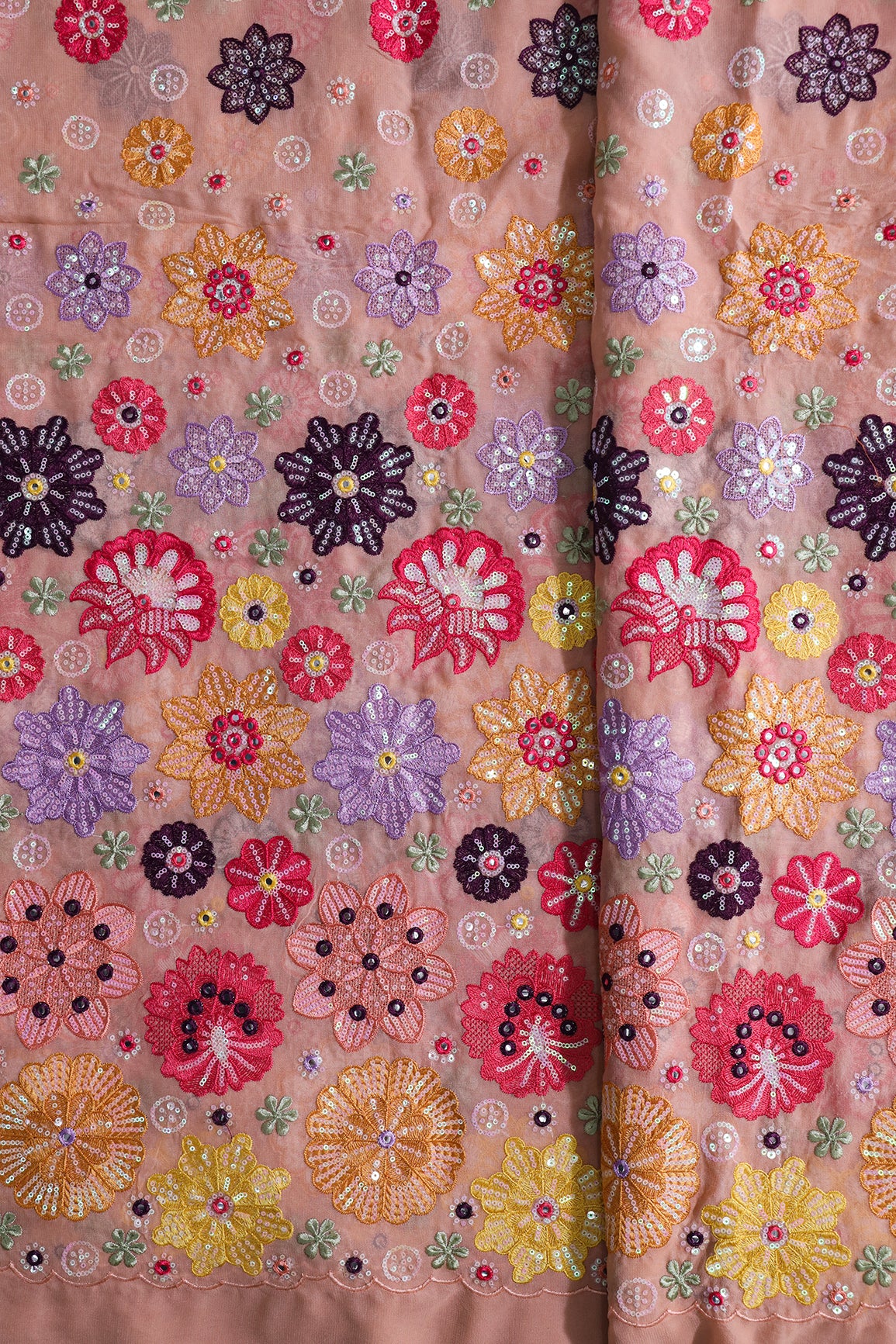Big Width "52" Exclusive Floral Designer Embroidery With Faux Mirror On Peach Viscose Georgette Fabric