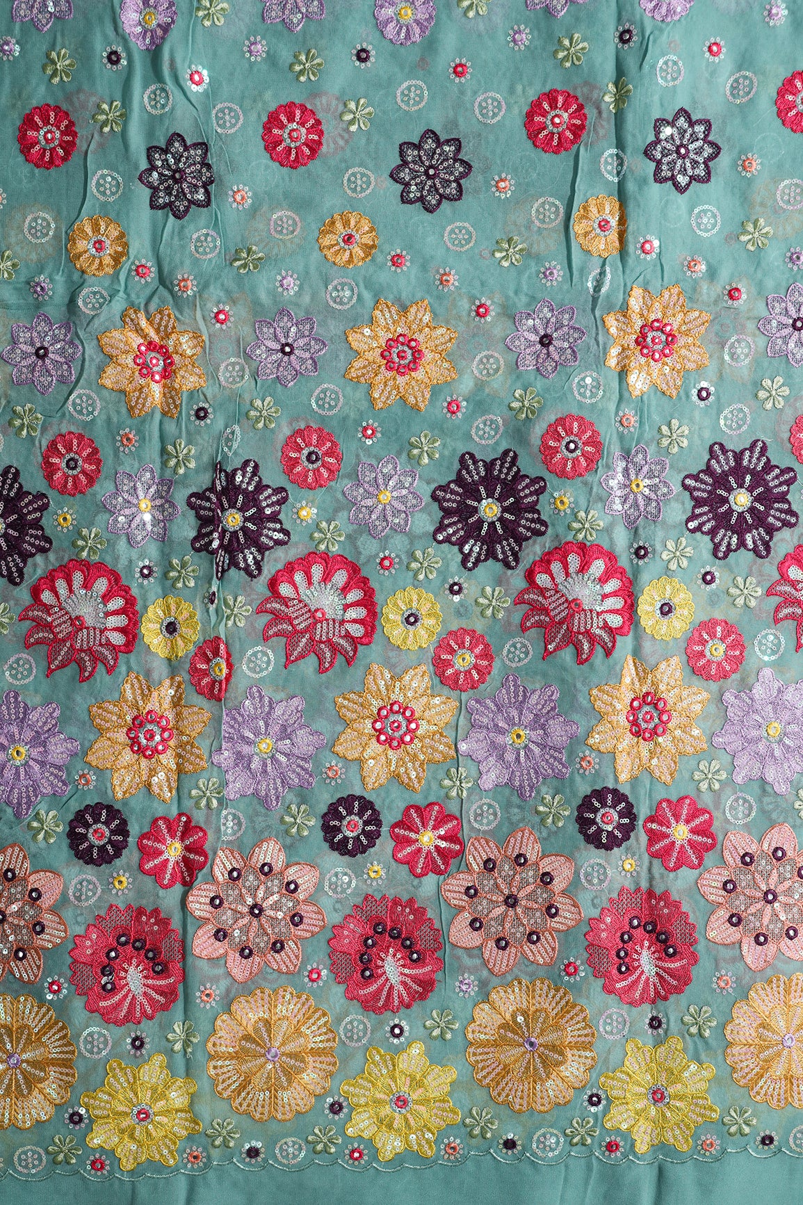 Big Width "52" Exclusive Floral Designer Embroidery With Faux Mirror On Teal Viscose Georgette Fabric