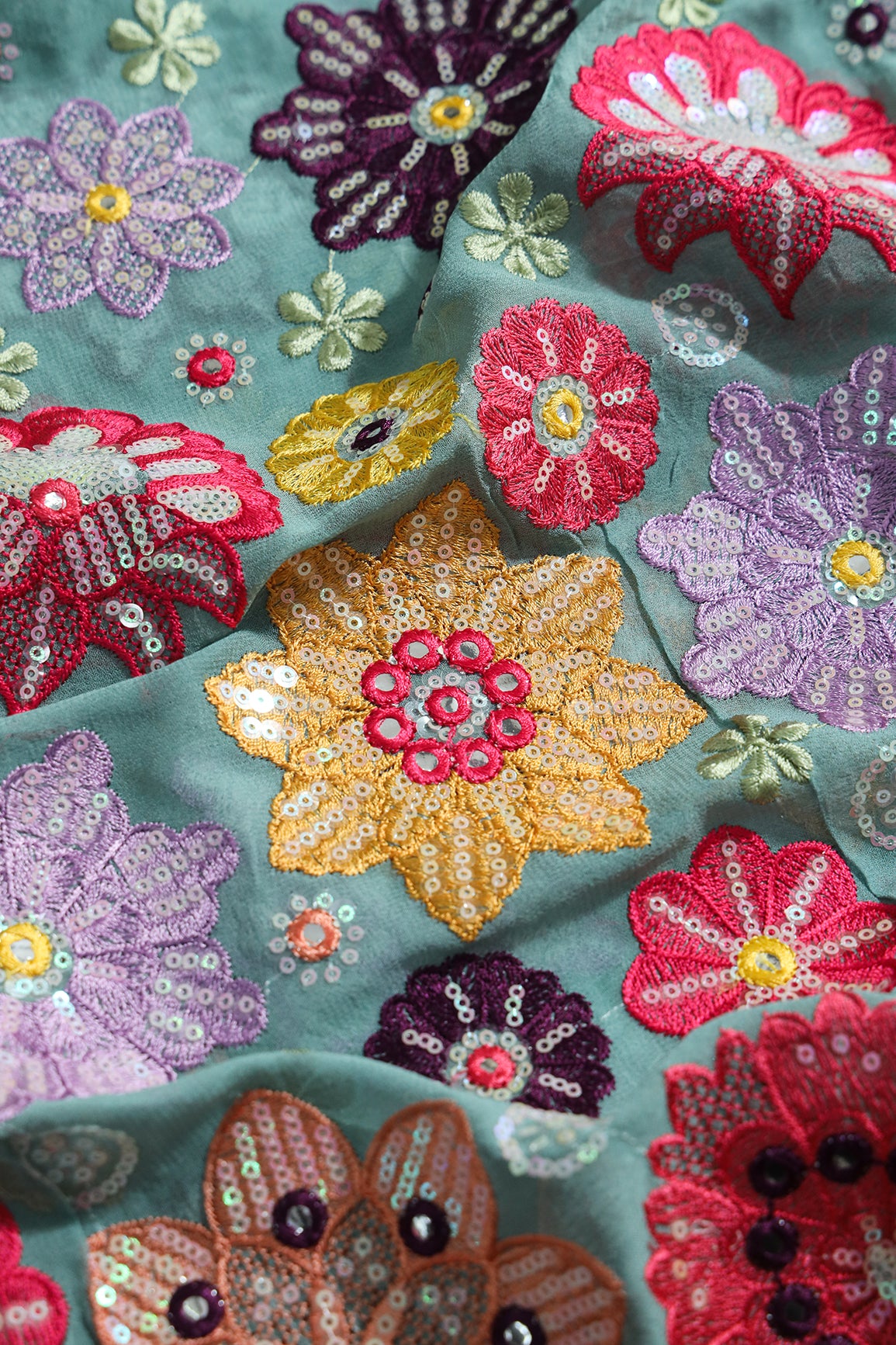 Exclusive Floral Designer Embroidery With Faux Mirror On Teal Viscose Georgette Fabric