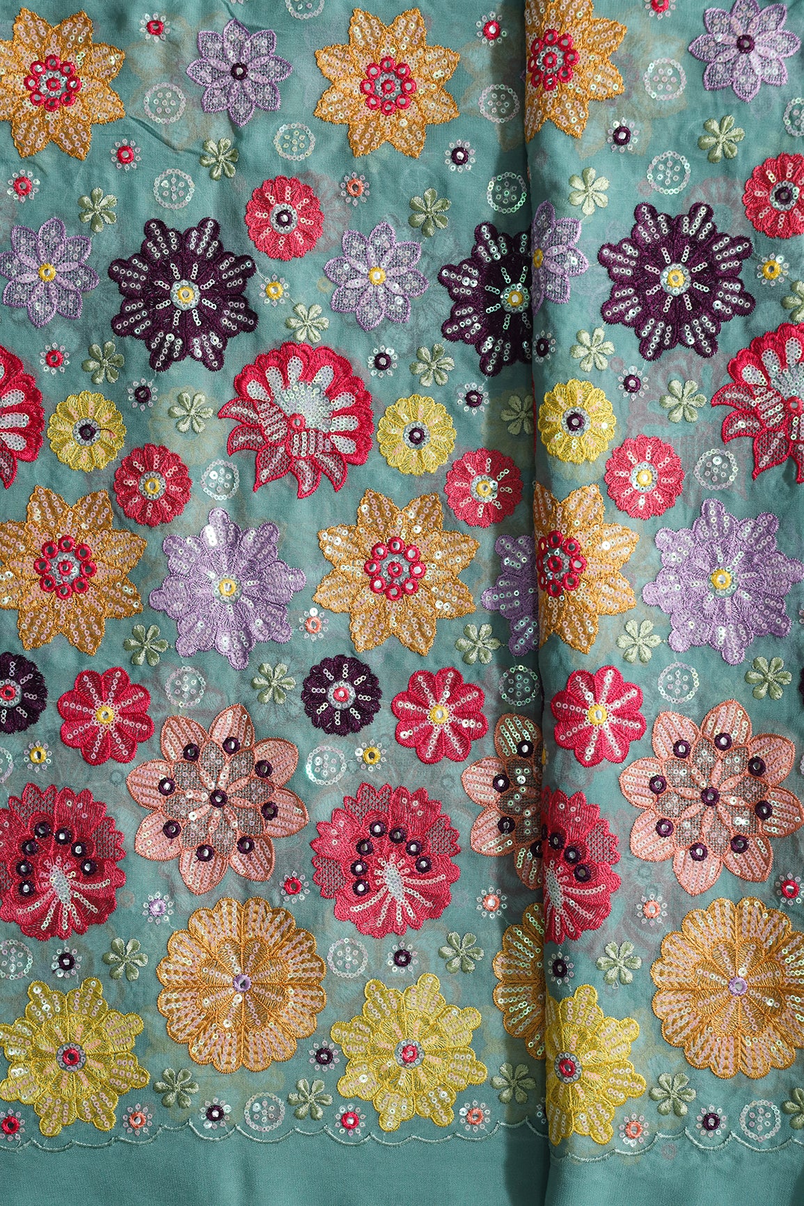 Big Width "52" Exclusive Floral Designer Embroidery With Faux Mirror On Teal Viscose Georgette Fabric