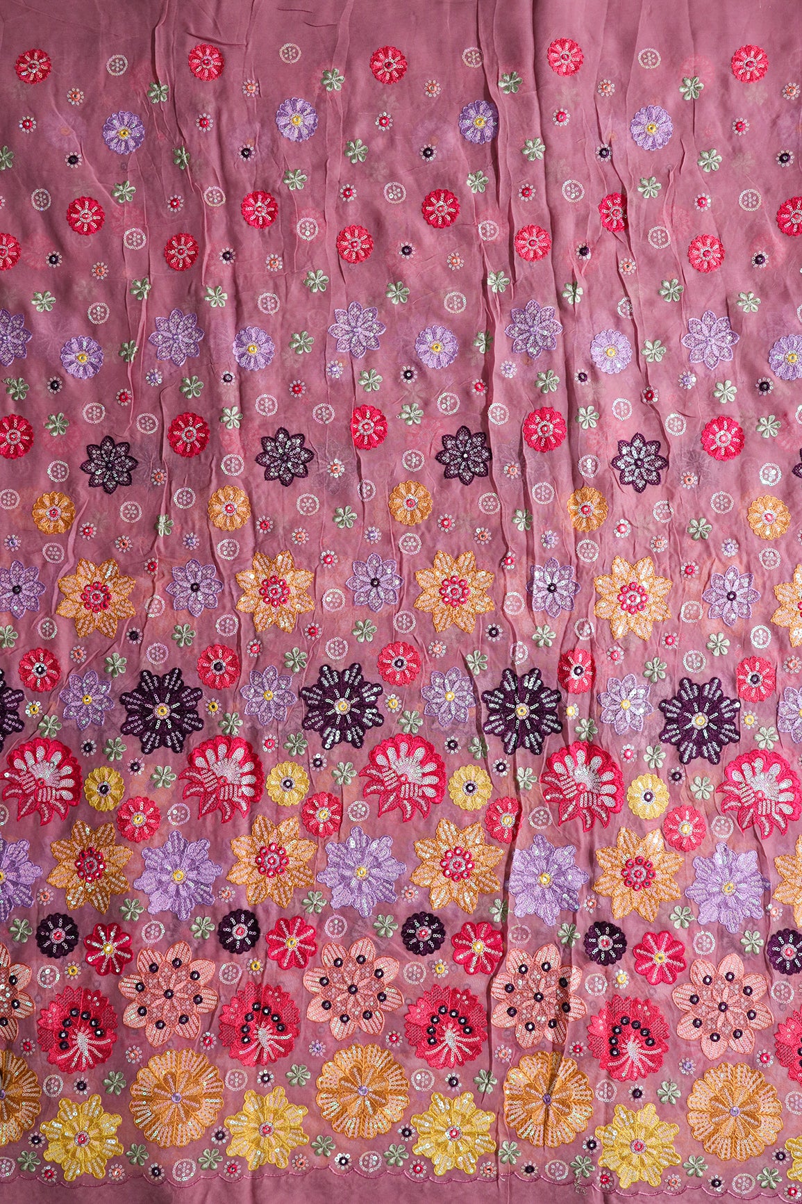 Big Width "52" Exclusive Floral Designer Embroidery With Faux Mirror On Thulian Pink Viscose Georgette Fabric