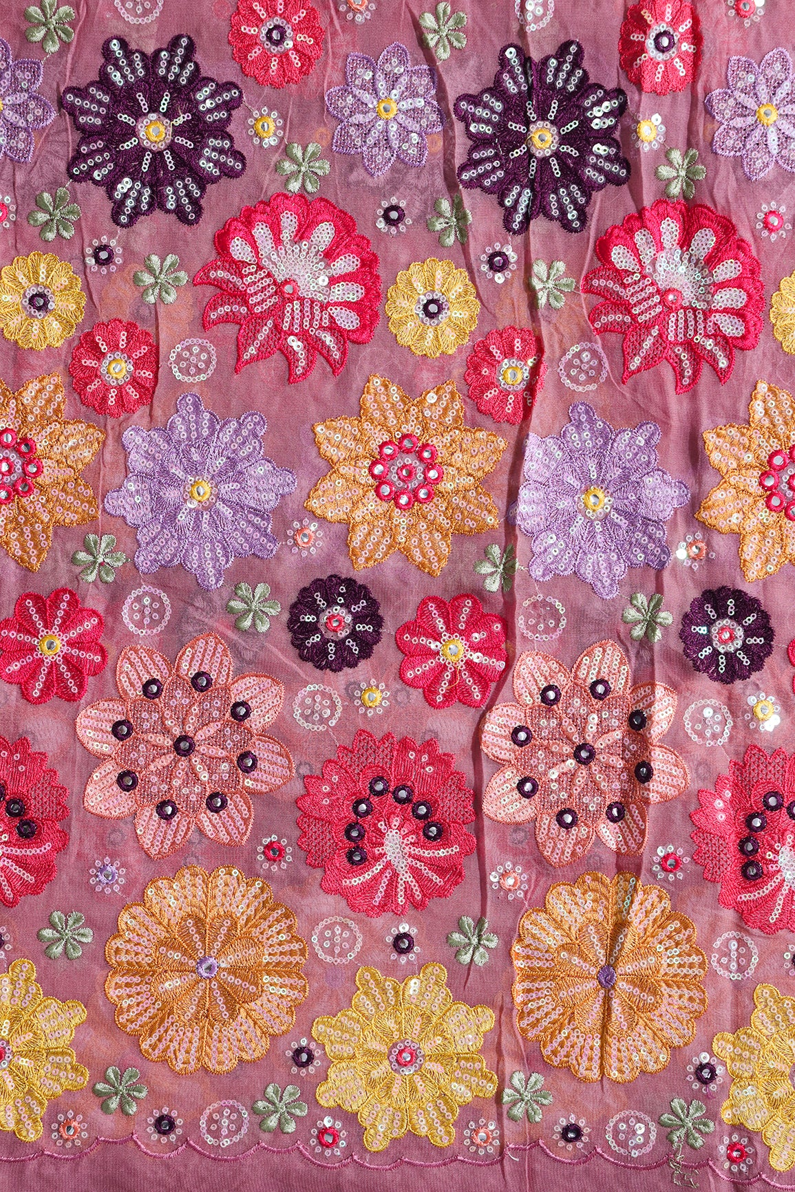 Exclusive Floral Designer Embroidery With Faux Mirror On Pastel Pink Viscose Georgette Fabric