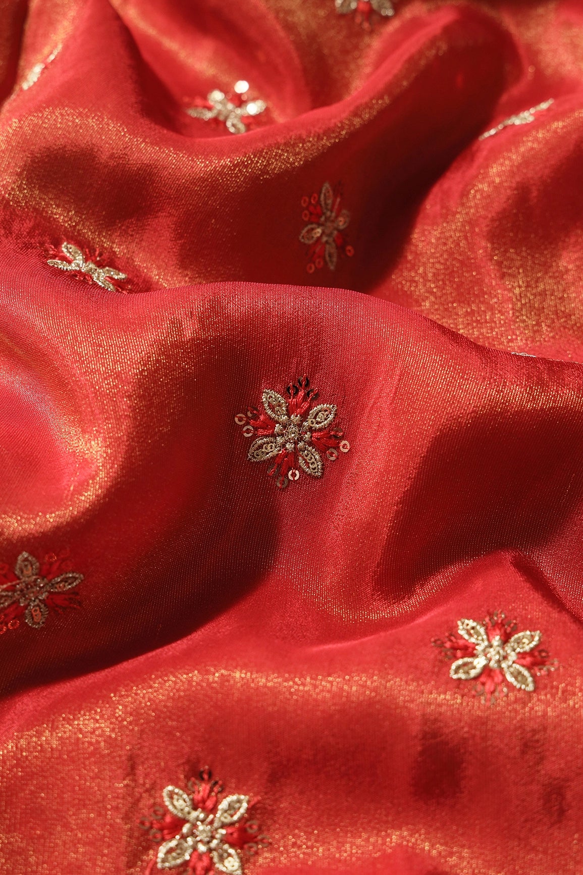 Gold Sequins And Zari Floral Booti Embroidery Work On Red Pure Viscose Zari Tissue Fabric