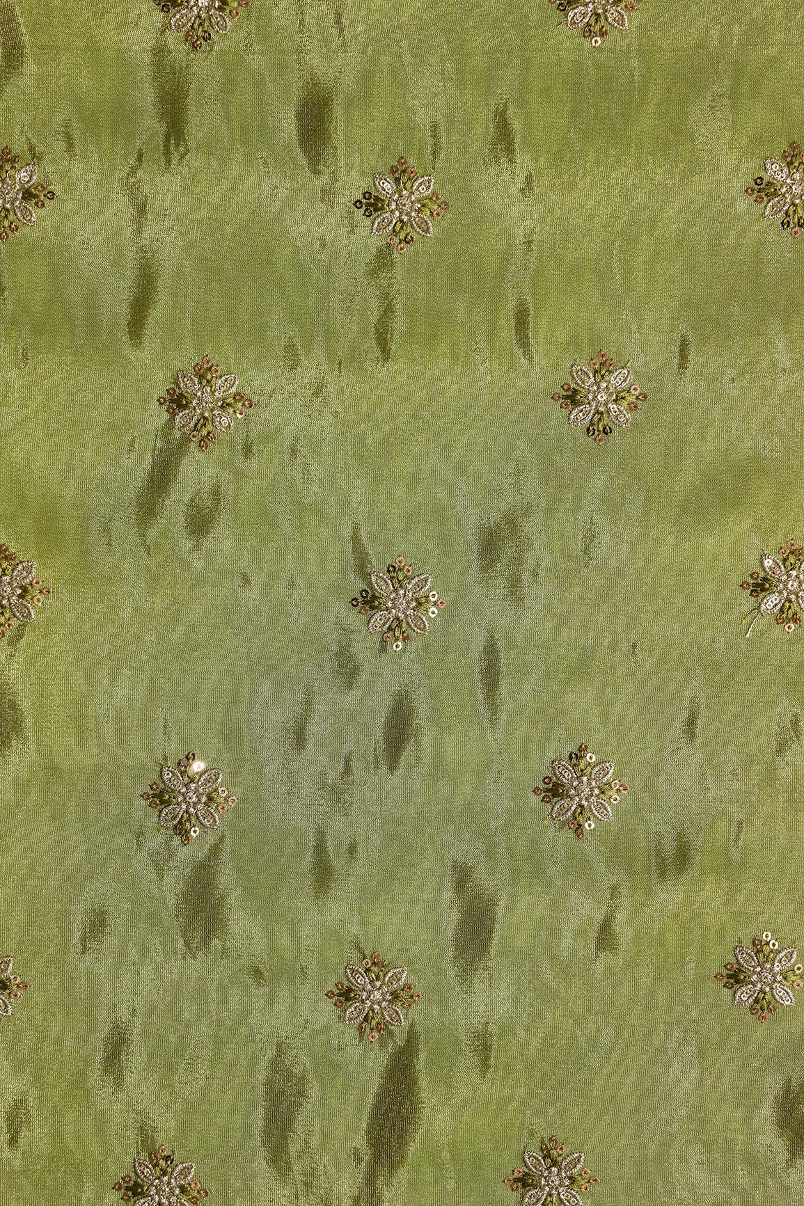 Gold Sequins And Zari Floral Booti Embroidery Work On Olive Green Pure Viscose Zari Tissue Fabric