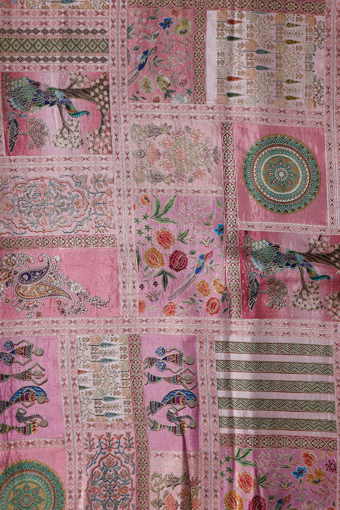 Positional Floral Print On Pastel Pink Viscose Dola Silk Jacquard Fabric